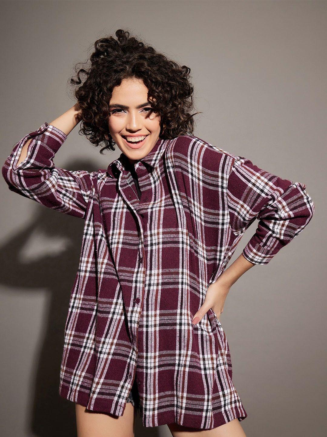 sassafras women maroon checked casual shirt