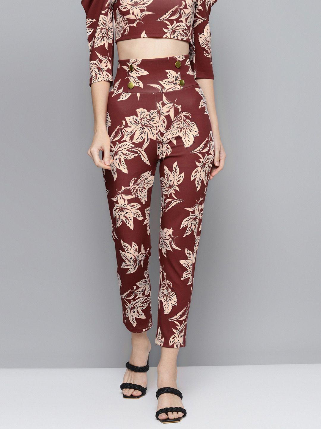 sassafras women maroon floral printed front button high-rise trousers
