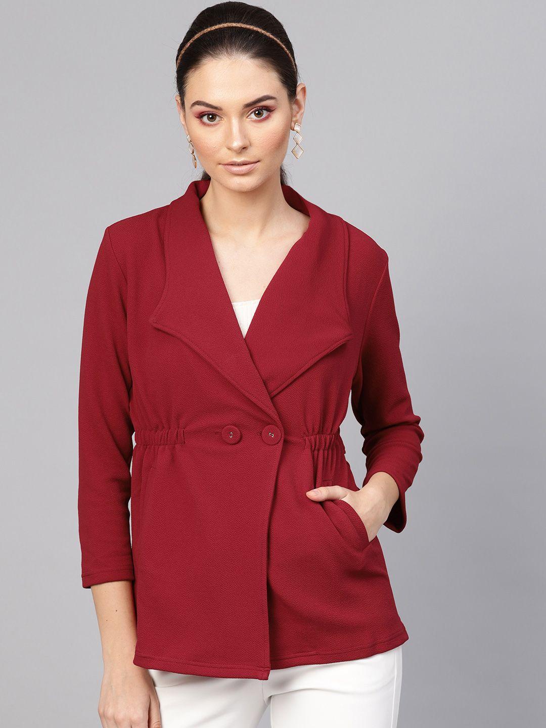 sassafras women maroon solid  double-breasted casual blazer