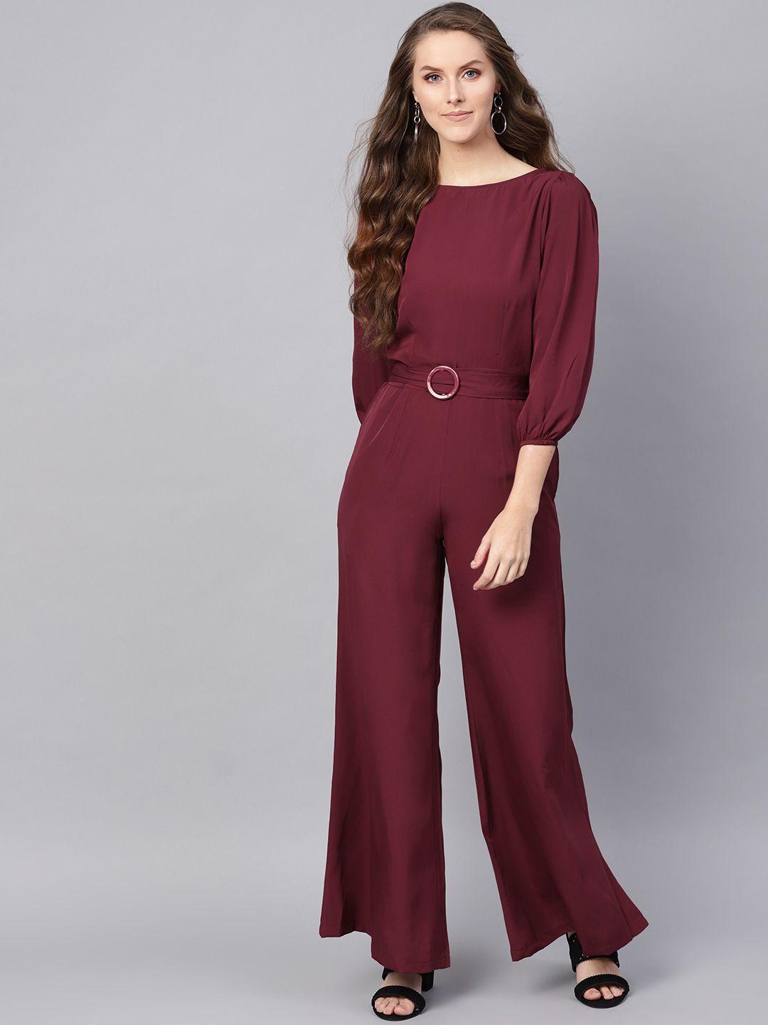 sassafras women maroon solid basic jumpsuit