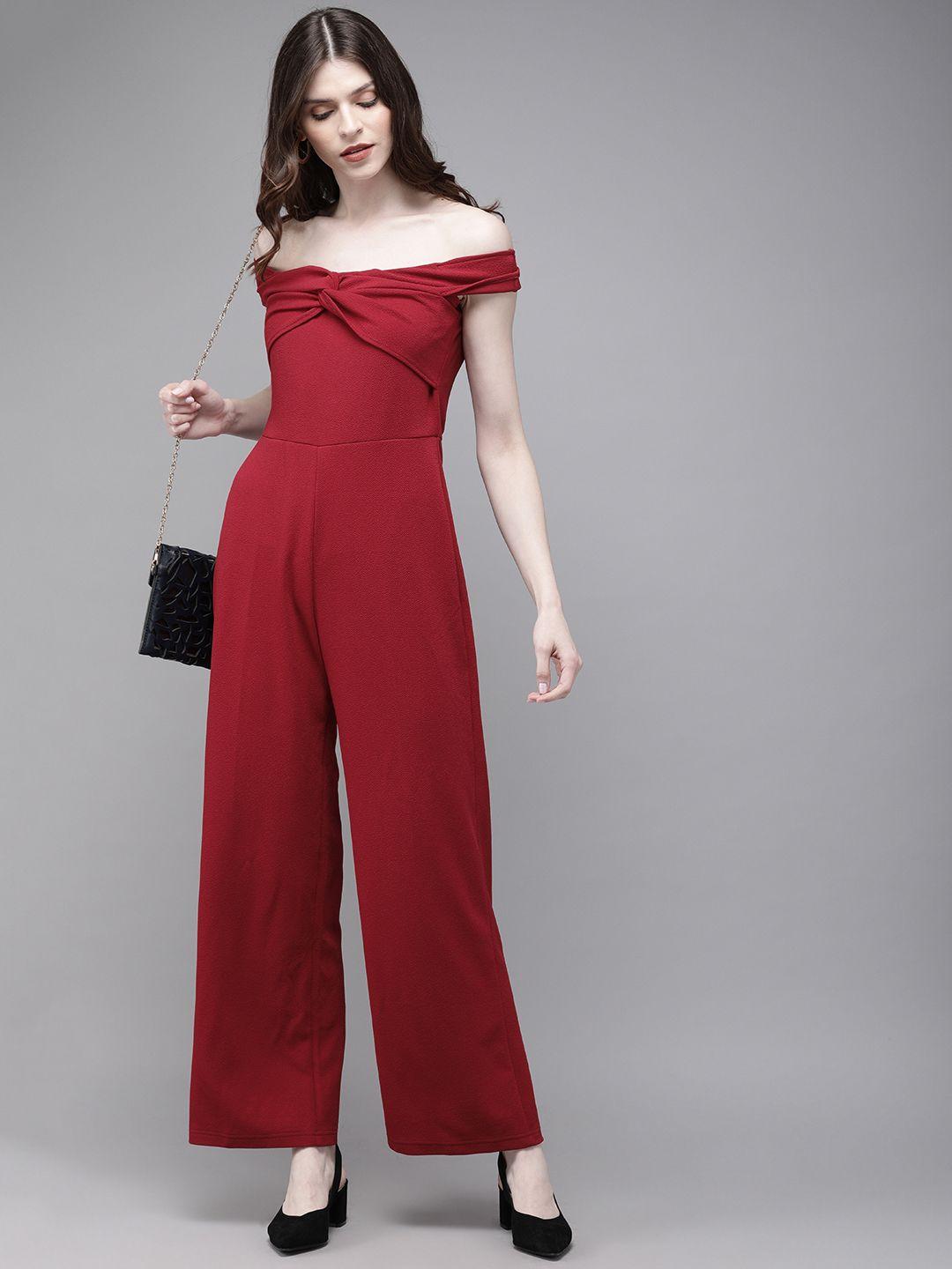 sassafras women maroon solid basic jumpsuit