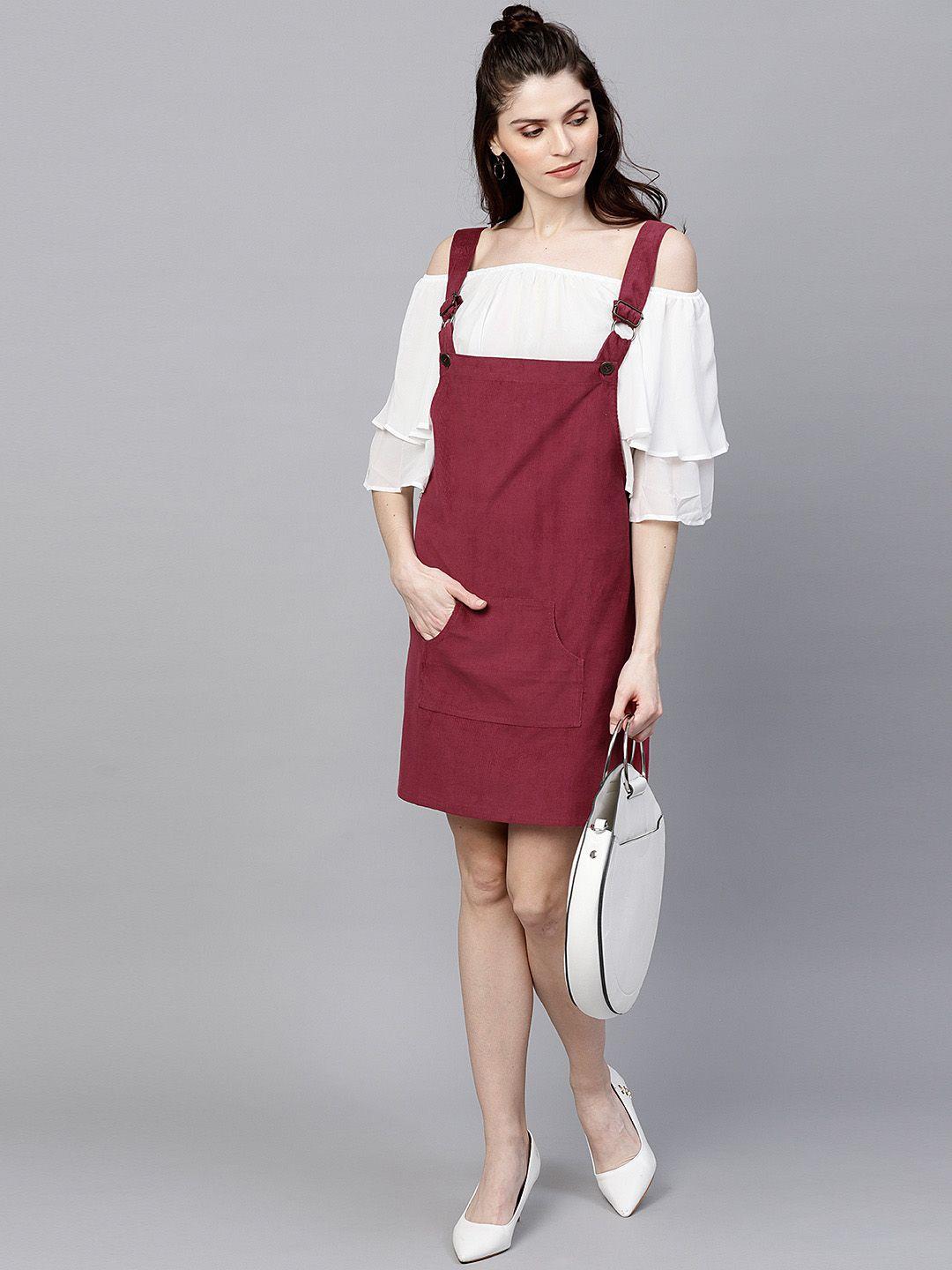 sassafras women maroon solid corduroy pinafore dress