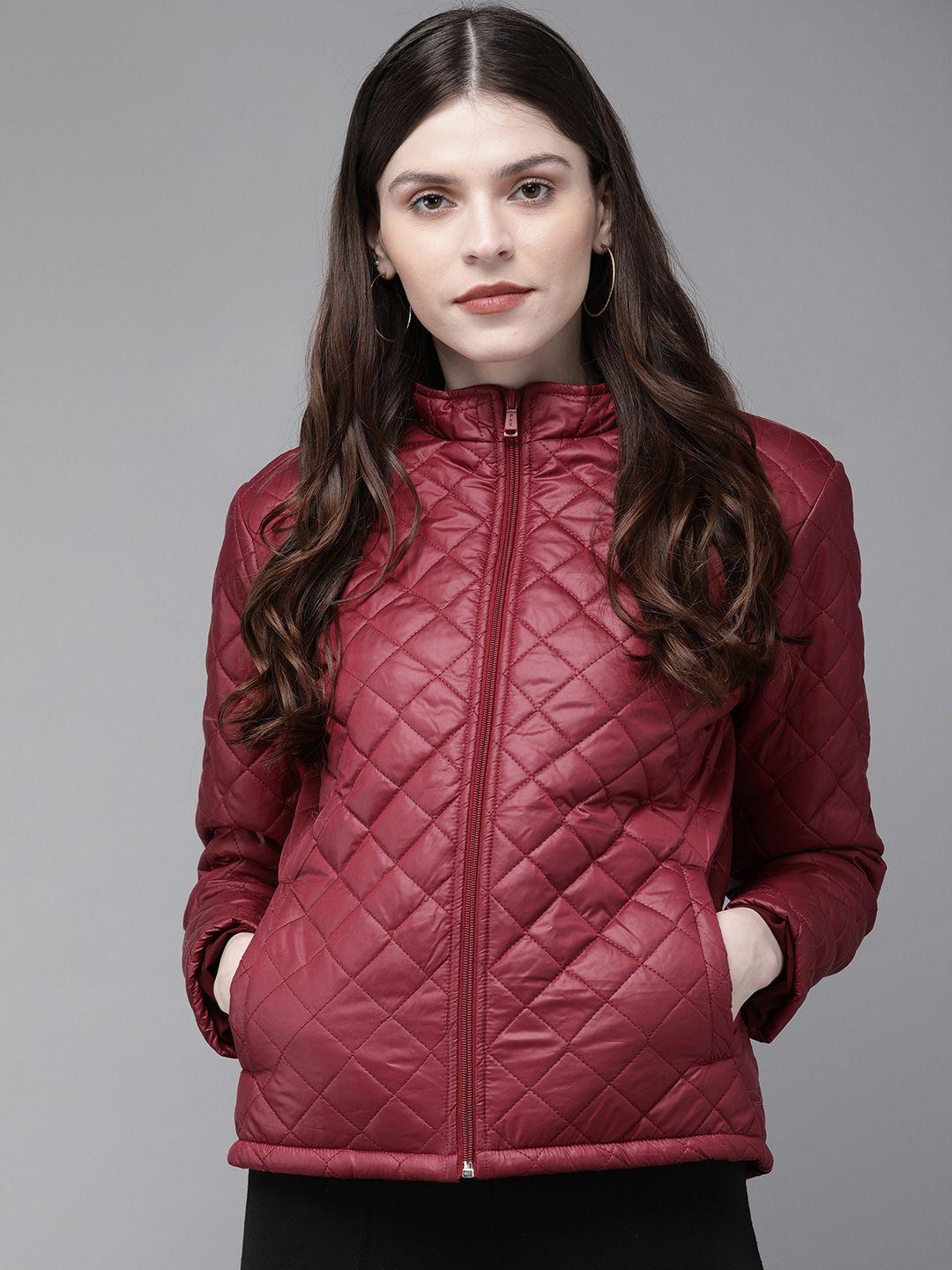 sassafras women maroon solid quilted hooded jacket