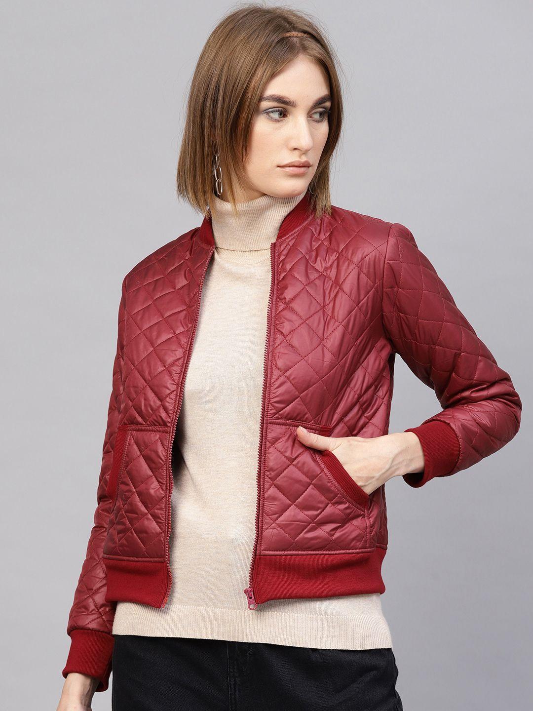 sassafras women maroon solid quilted jacket