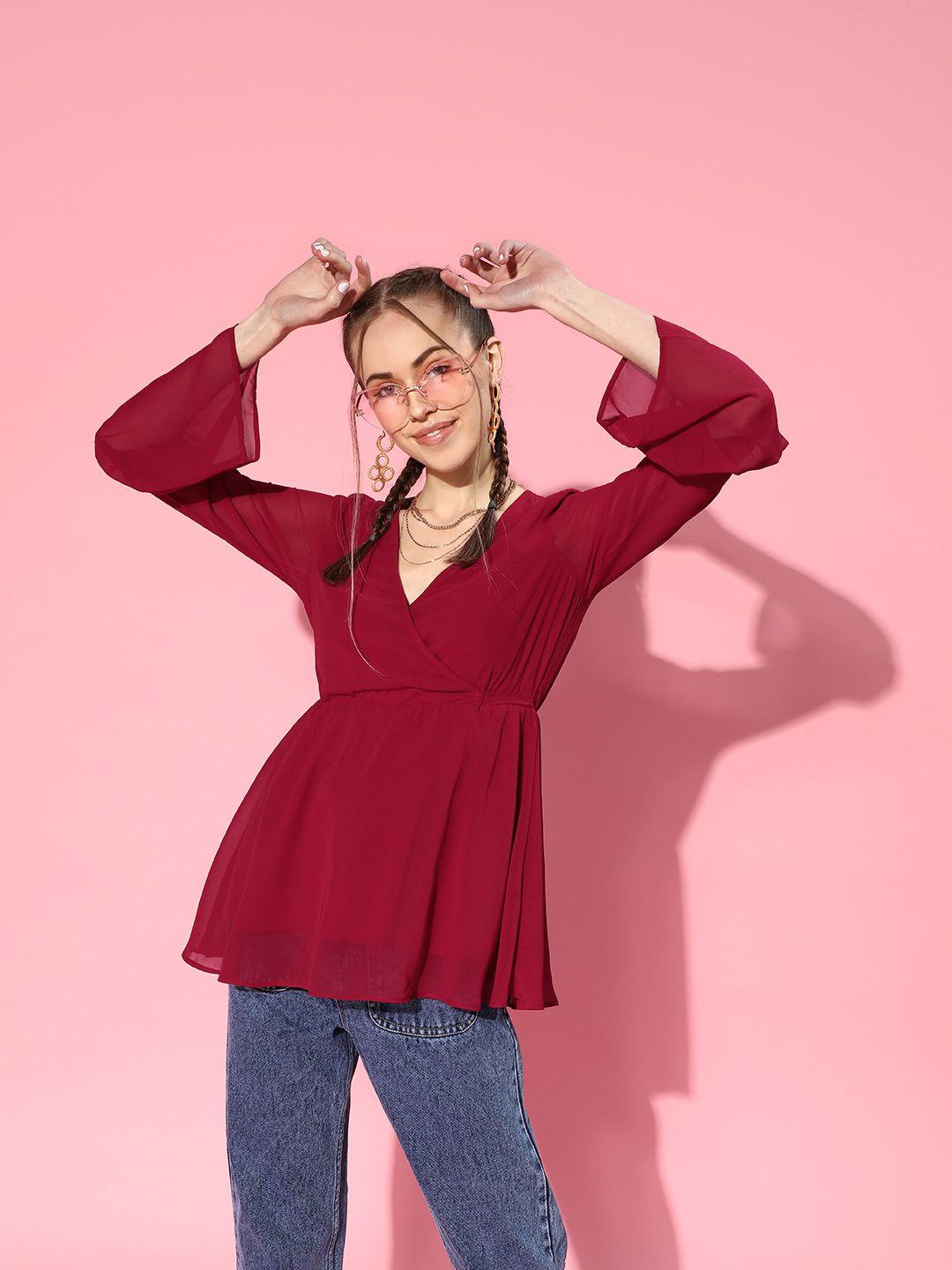 sassafras women maroon solid wrap top