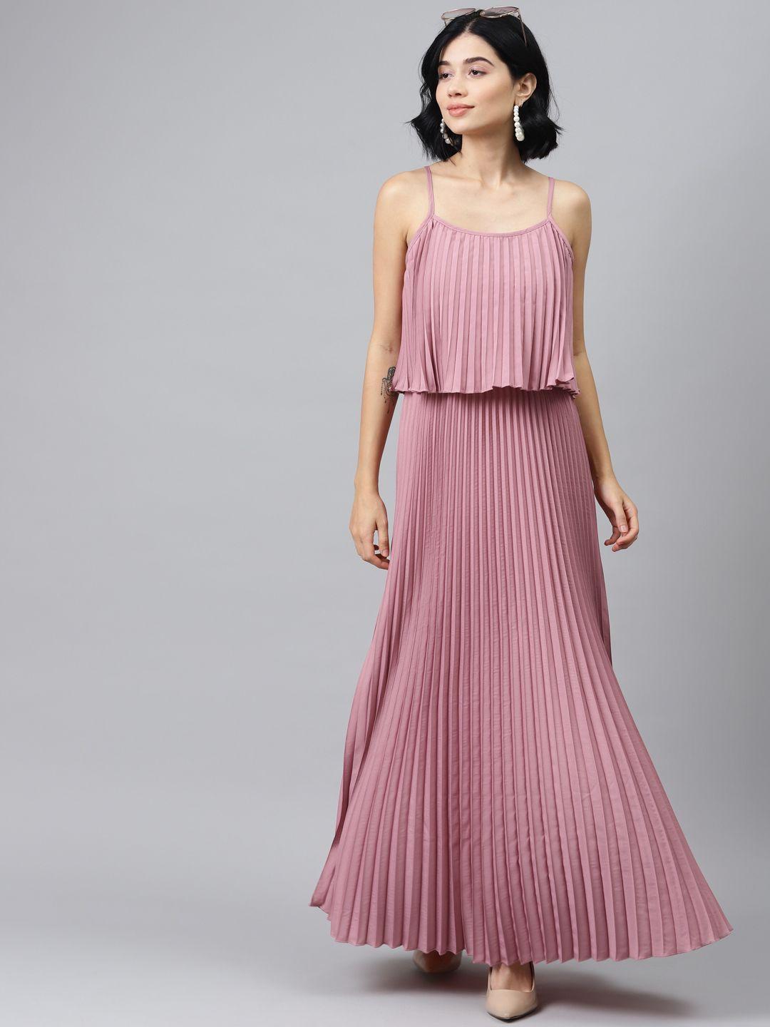 sassafras women mauve solid accordion pleats maxi dress