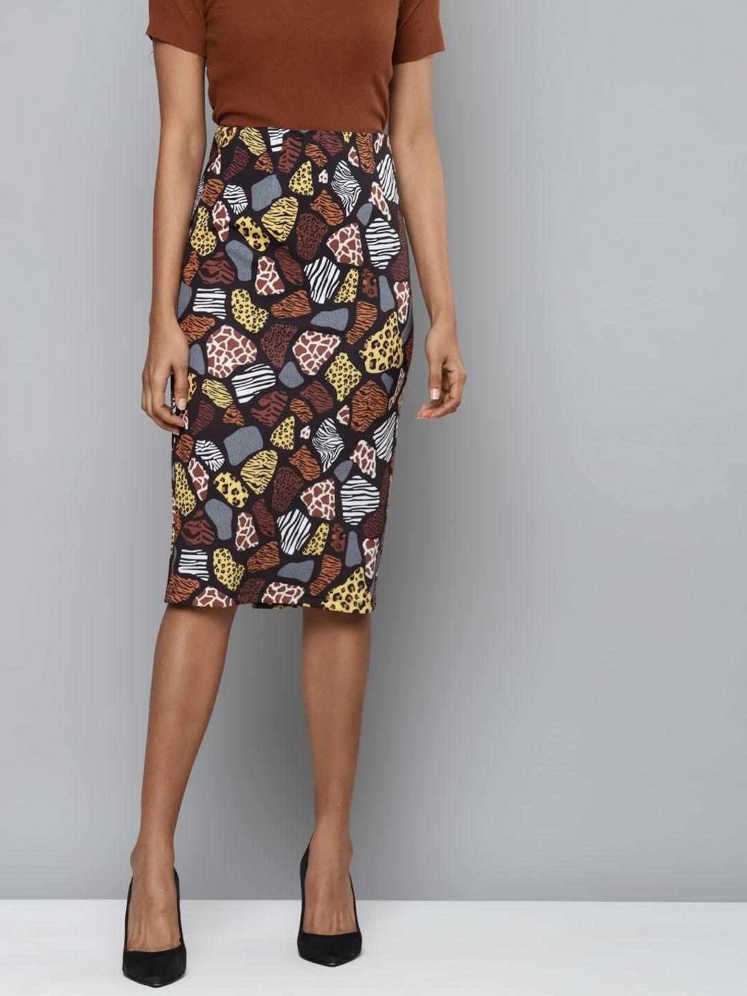 sassafras women multicoloured animal print scuba pencil skirt