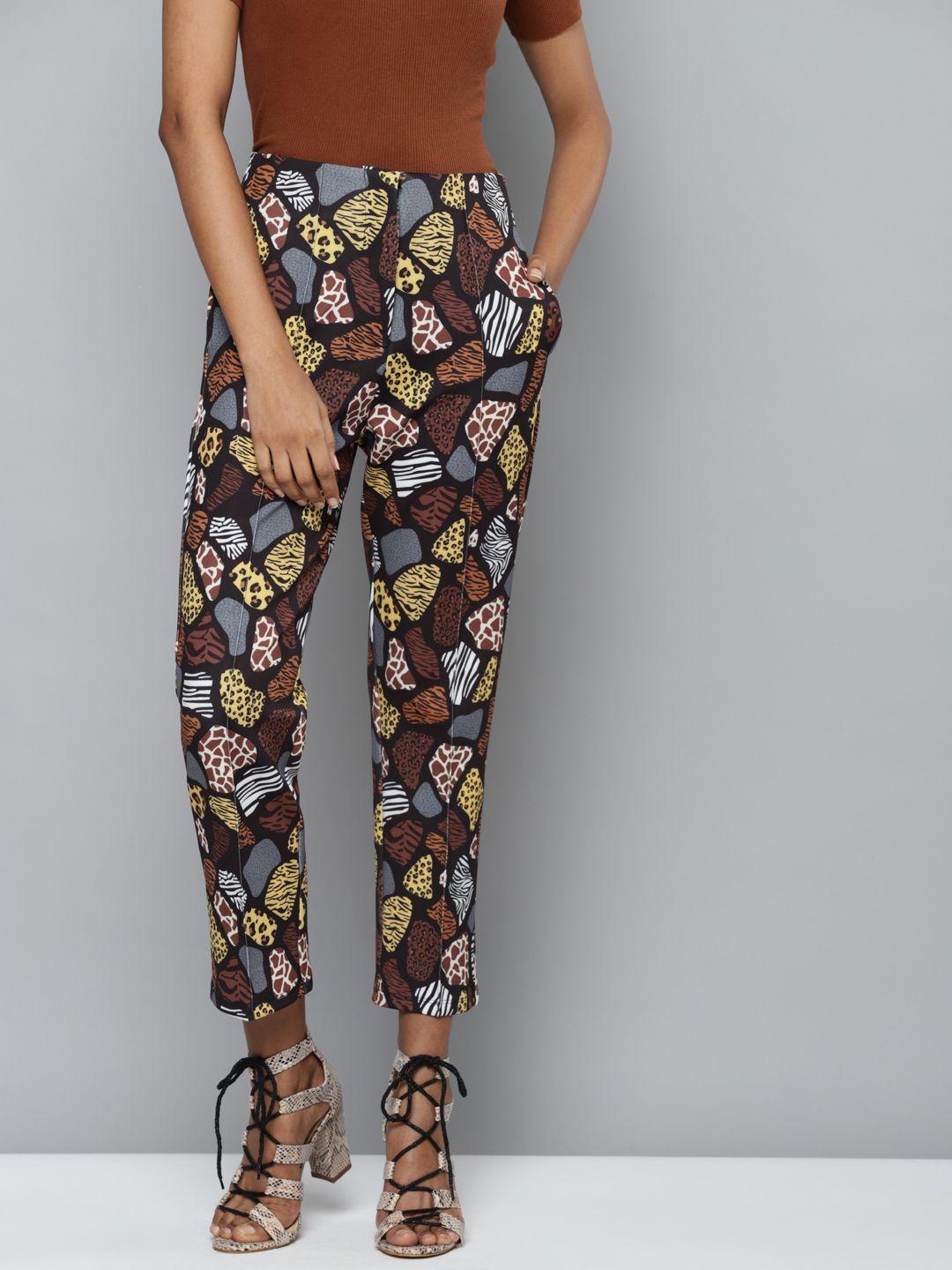 sassafras women multicoloured animal printed tapered fit high-rise trousers