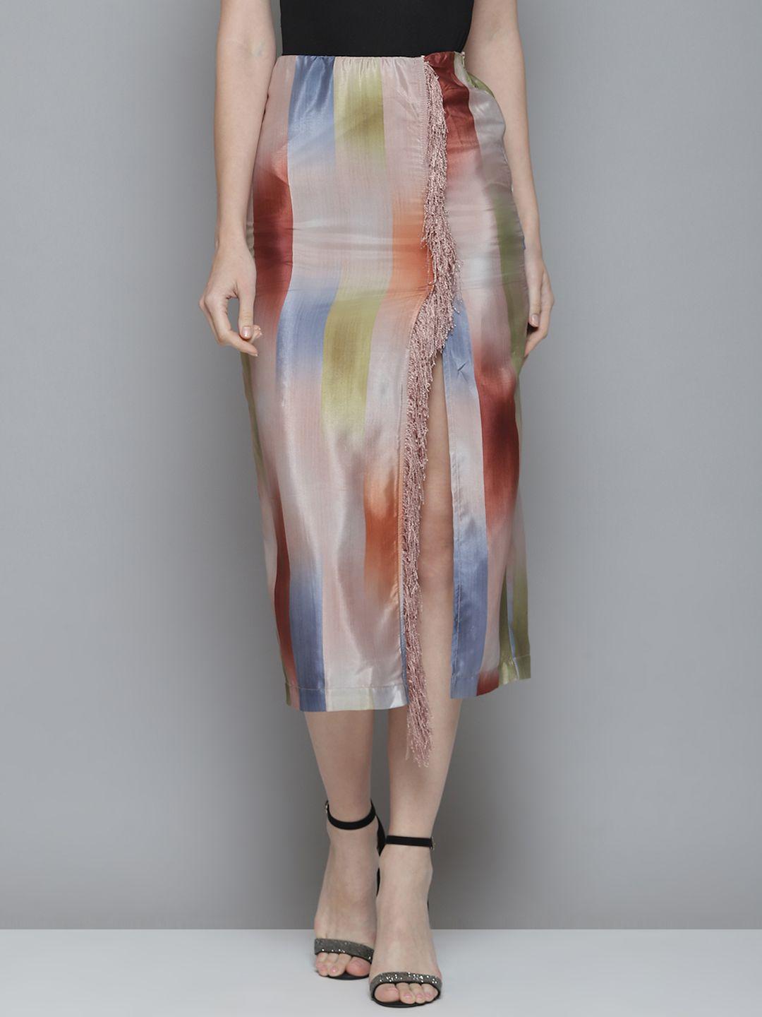 sassafras women multicoloured wrap midi straight skirt with fringed detail