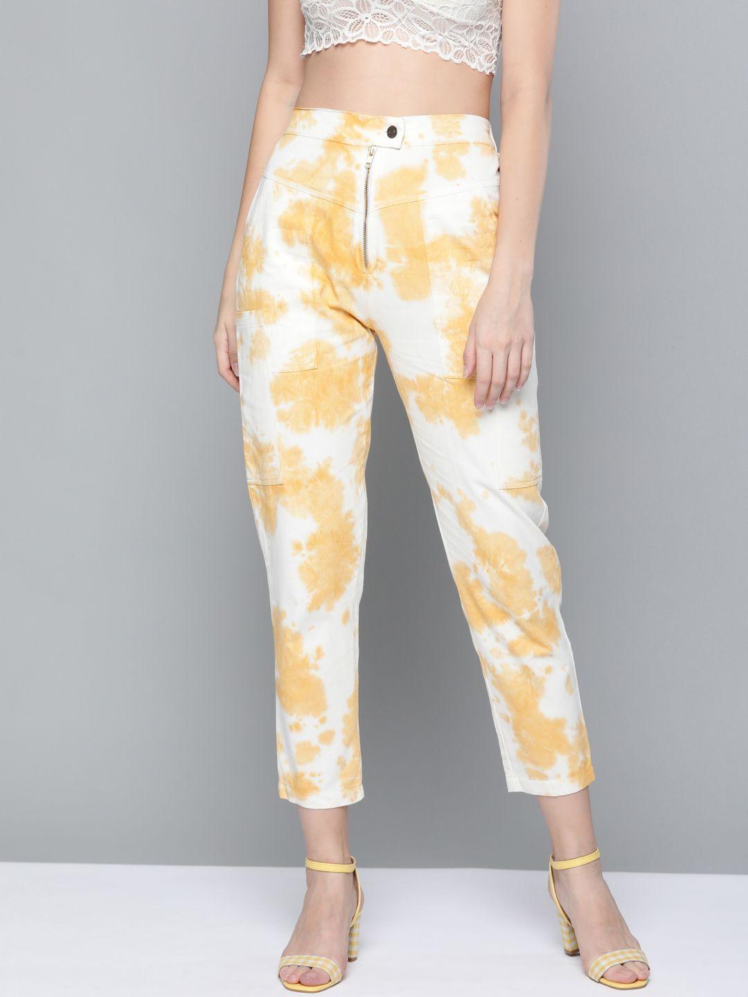 sassafras women mustard yellow & white cotton tie & dye high-rise crop trousers