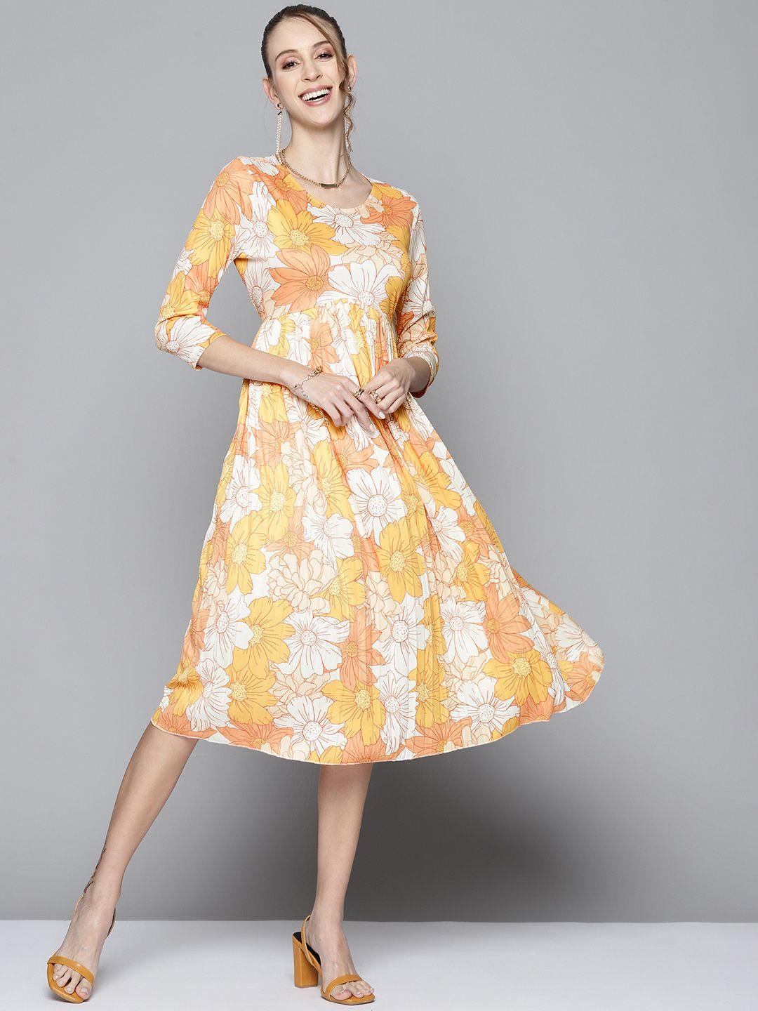 sassafras women mustard yellow & white floral printed a-line midi dress