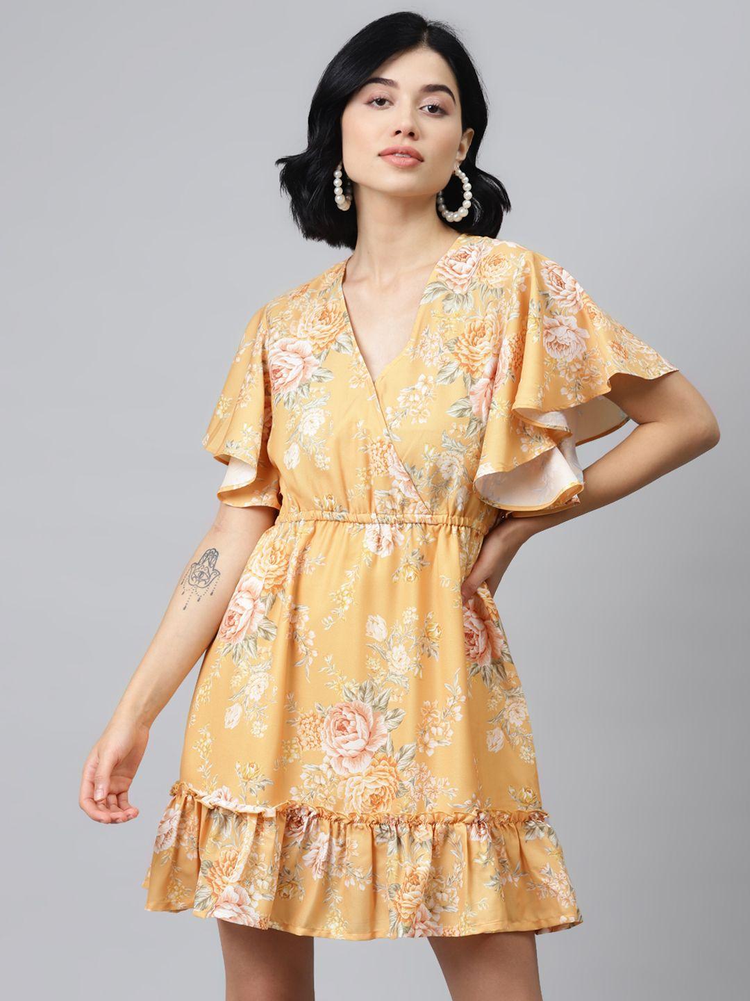 sassafras women mustard yellow & white floral printed wrap dress with flared sleeves