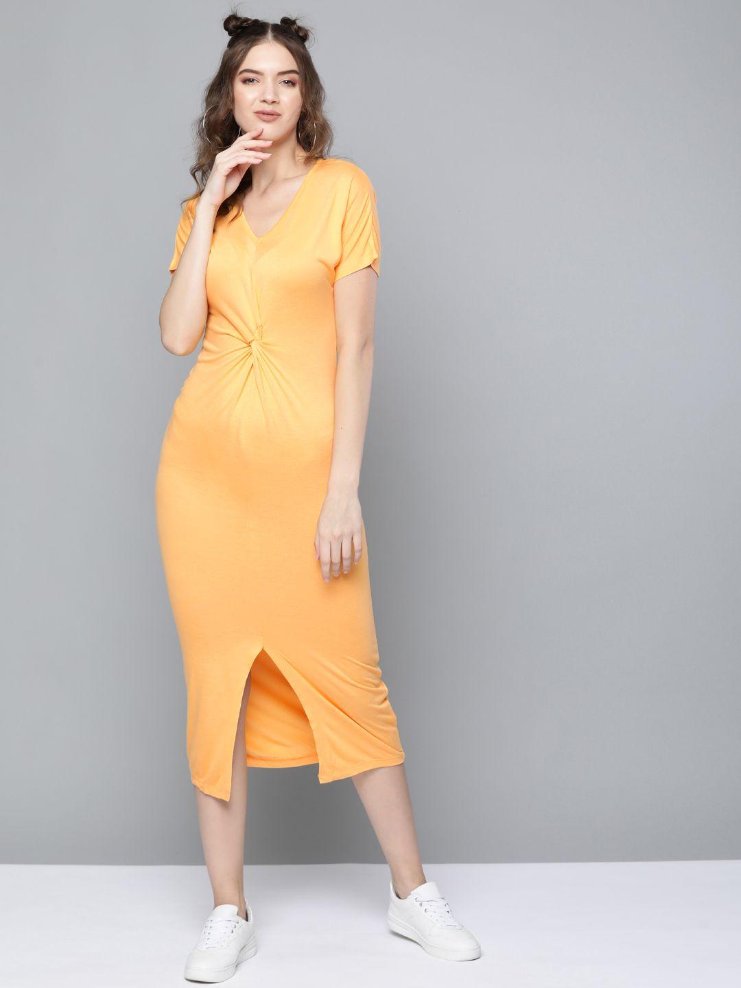 sassafras women mustard yellow front knot midi sheath dress