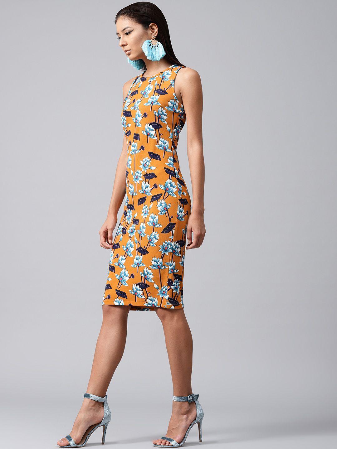 sassafras women mustard yellow printed sheath dress