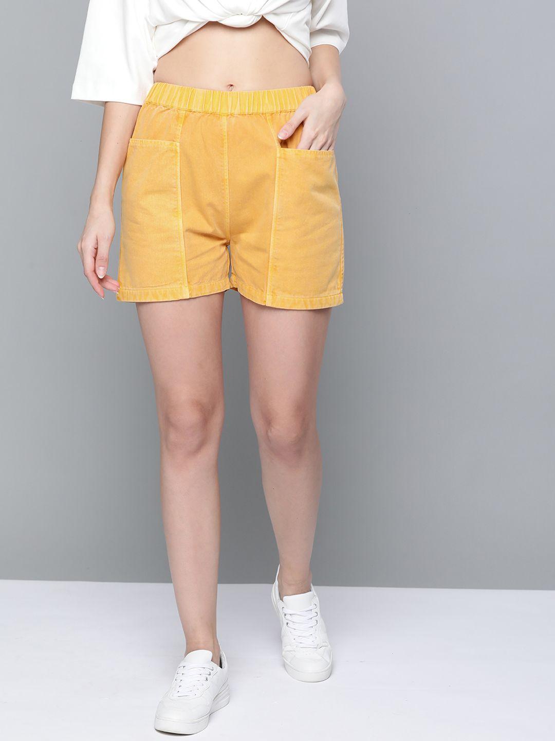 sassafras women mustard yellow pure cotton solid regular fit shorts