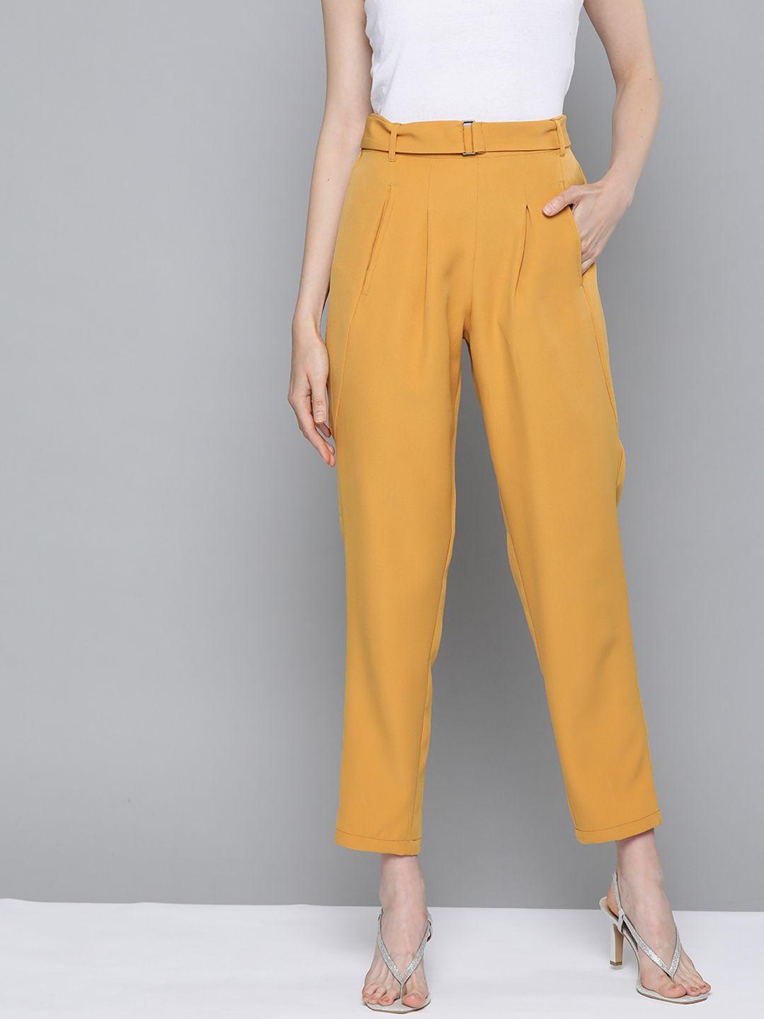sassafras women mustard yellow regular fit solid cropped trousers