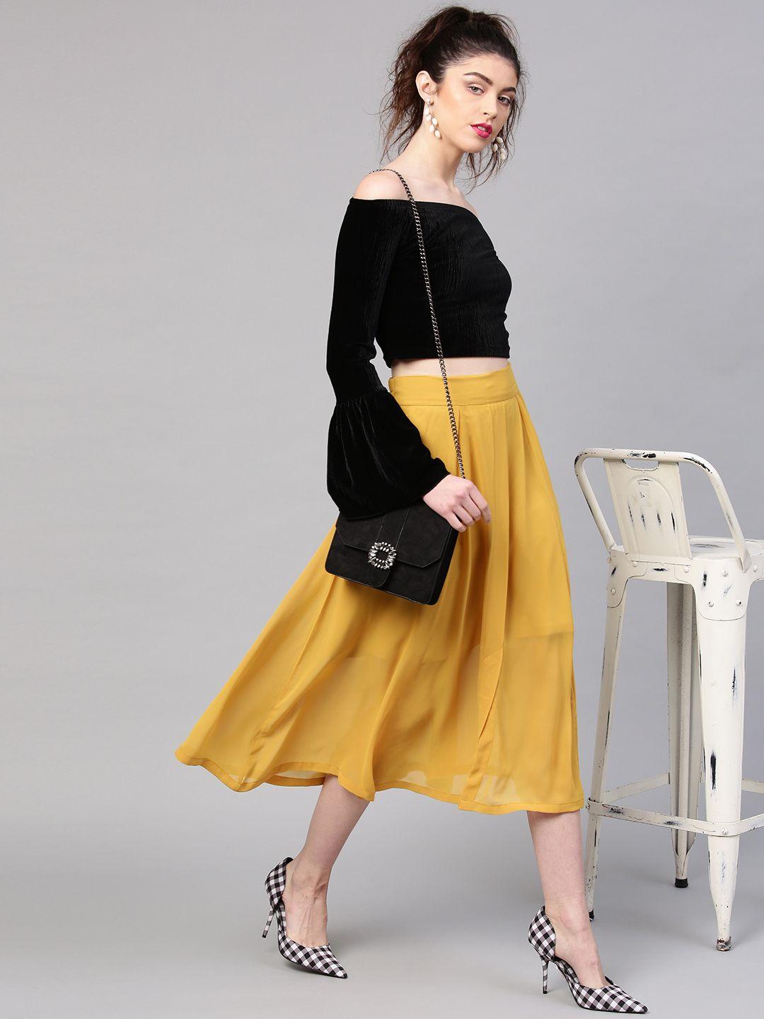 sassafras women mustard yellow solid a-line skirt