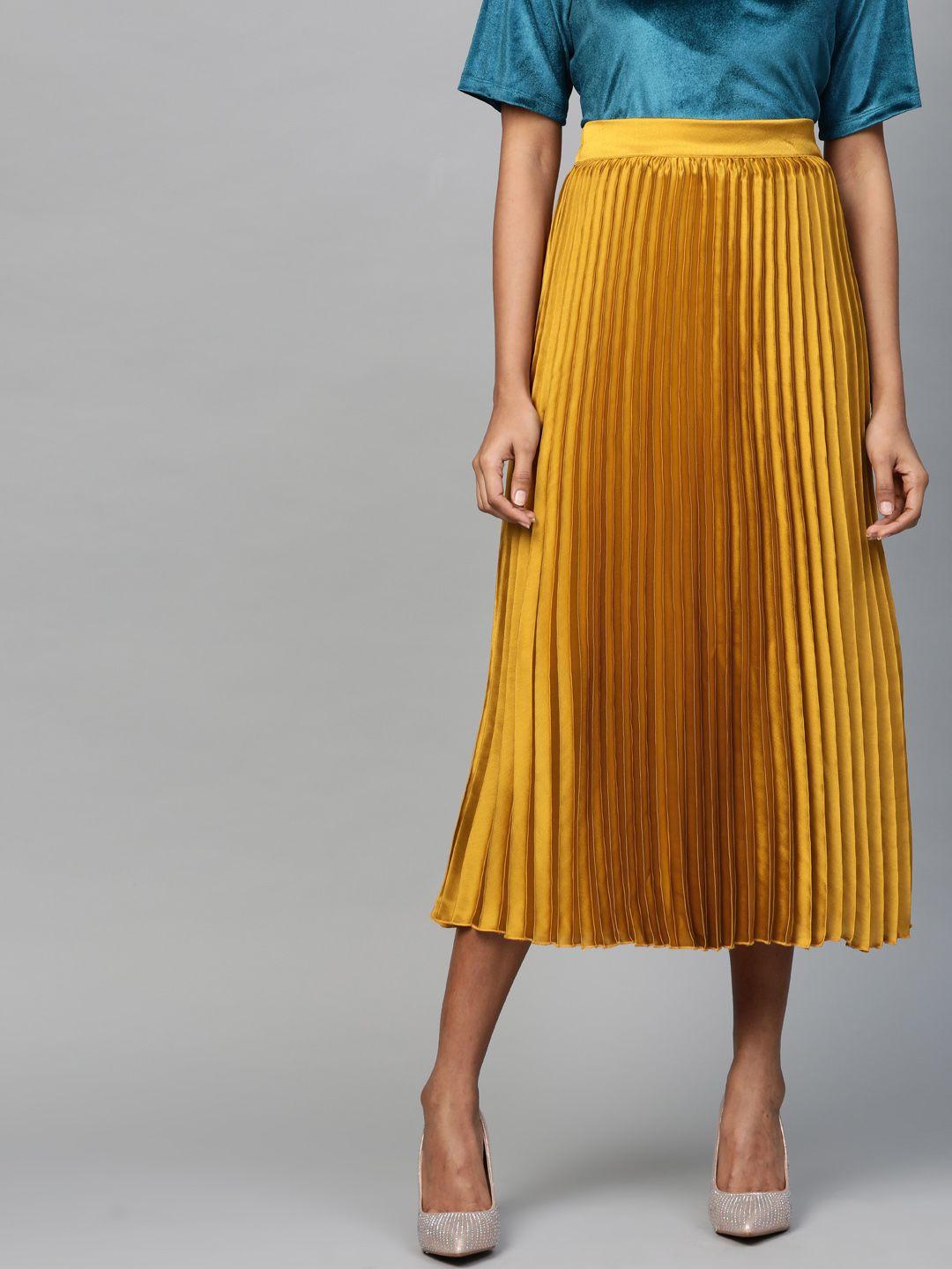 sassafras women mustard yellow solid accordion pleated satin finish flared midi skirt