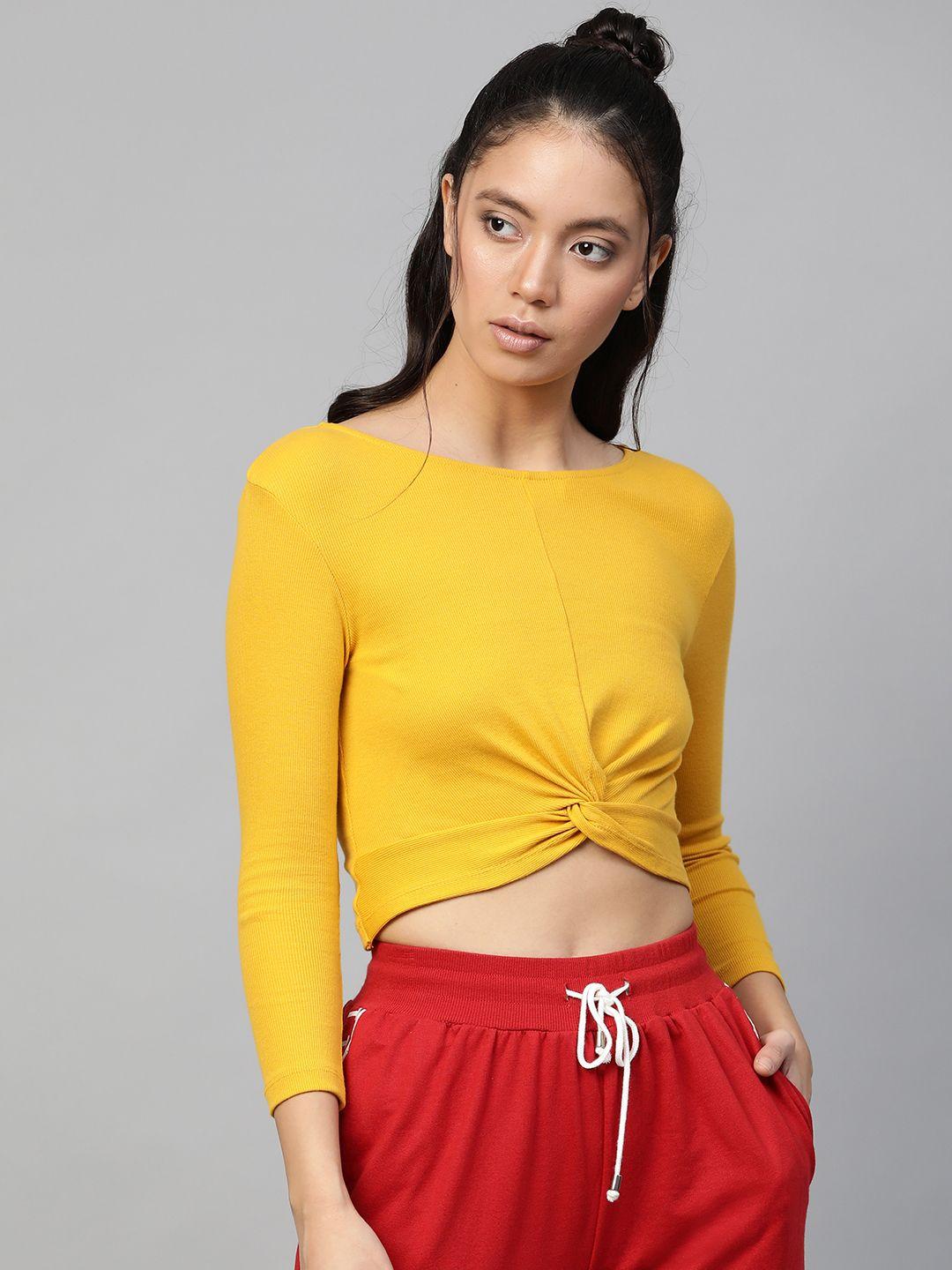 sassafras women mustard yellow solid cropped twisted knot top