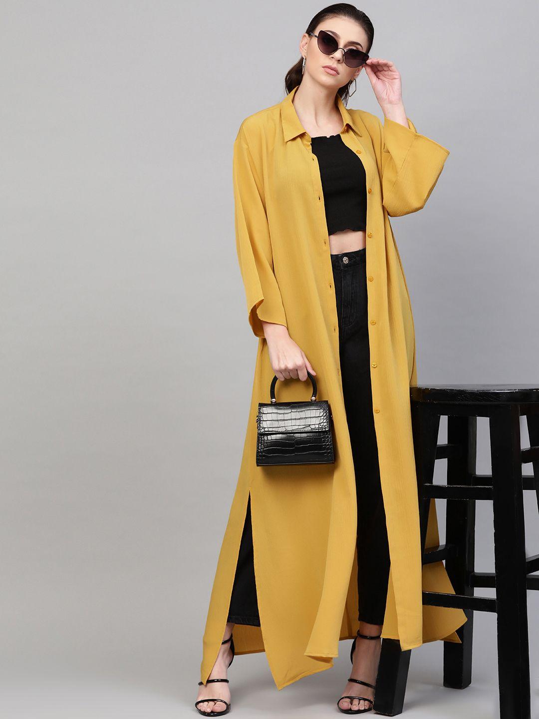sassafras women mustard yellow solid longline shirt style shrug