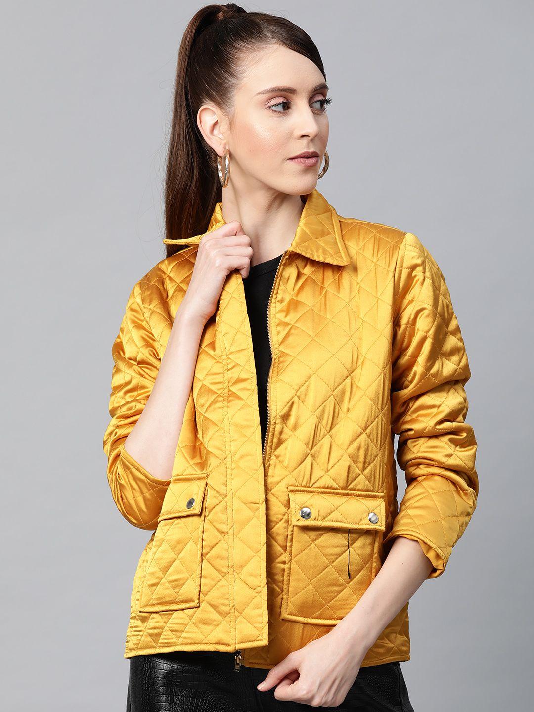 sassafras women mustard yellow solid quilted jacket