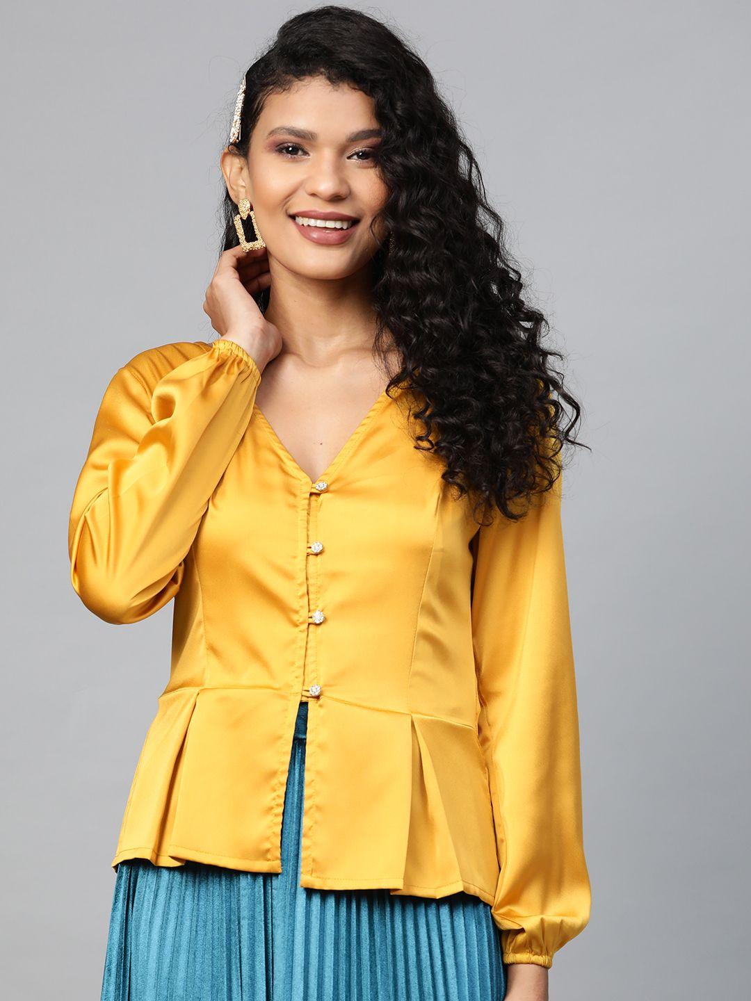 sassafras women mustard yellow solid satin finish peplum top