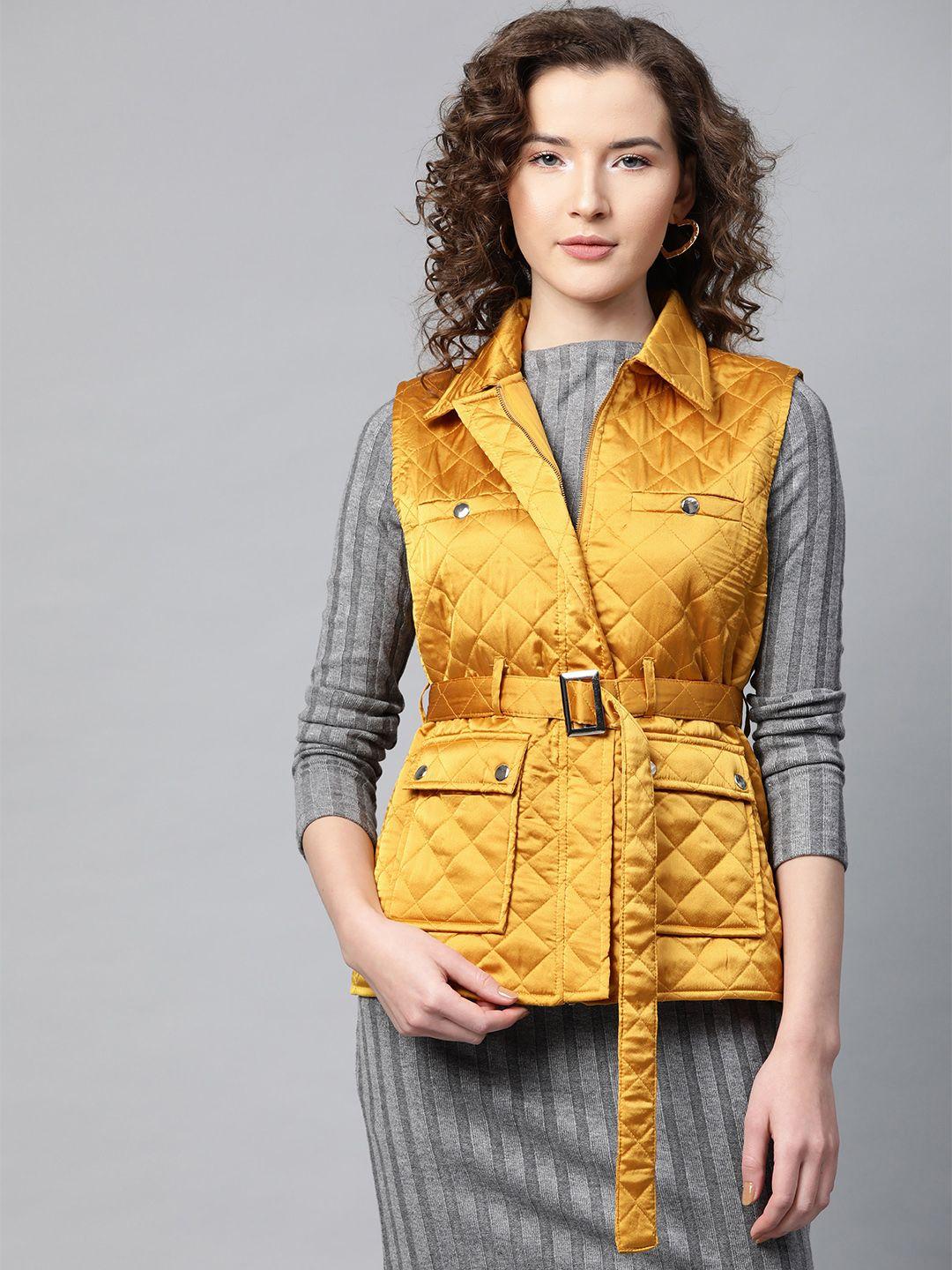 sassafras women mustard yellow solid satin finish quilted jacket