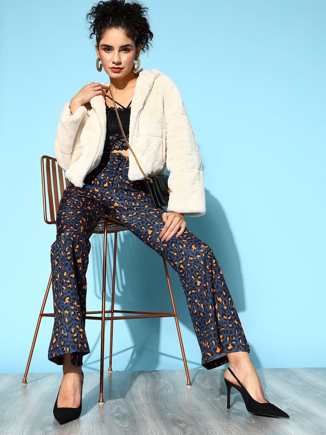 sassafras women navy blue & black cheetah printed trousers