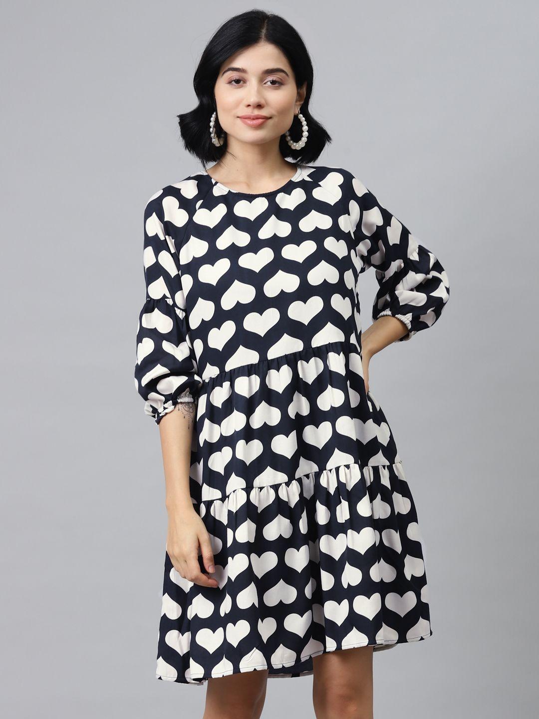 sassafras women navy blue & white heart shaped printed tiered a-line dress