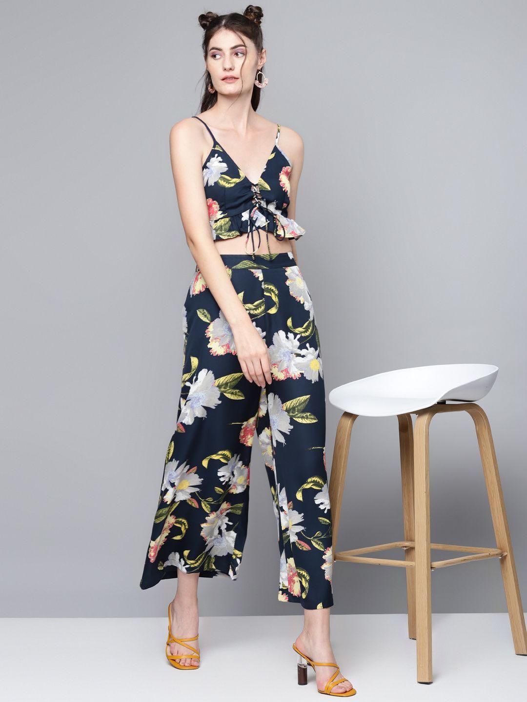sassafras women navy blue floral printed high-rise parallel trousers