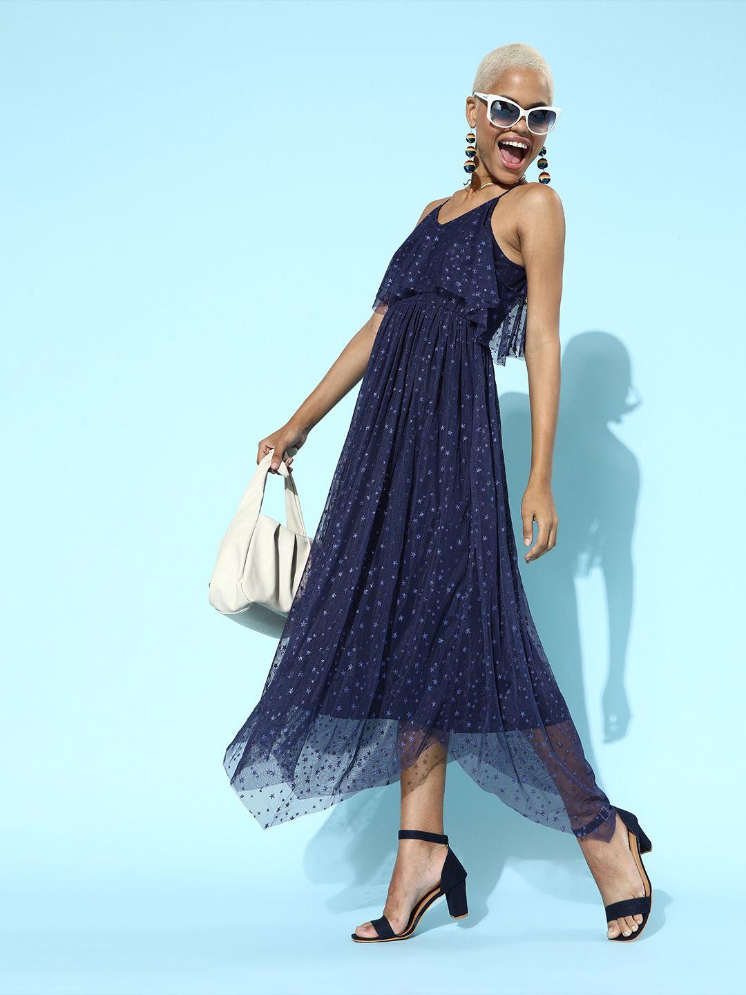 sassafras women navy blue geometric net dress