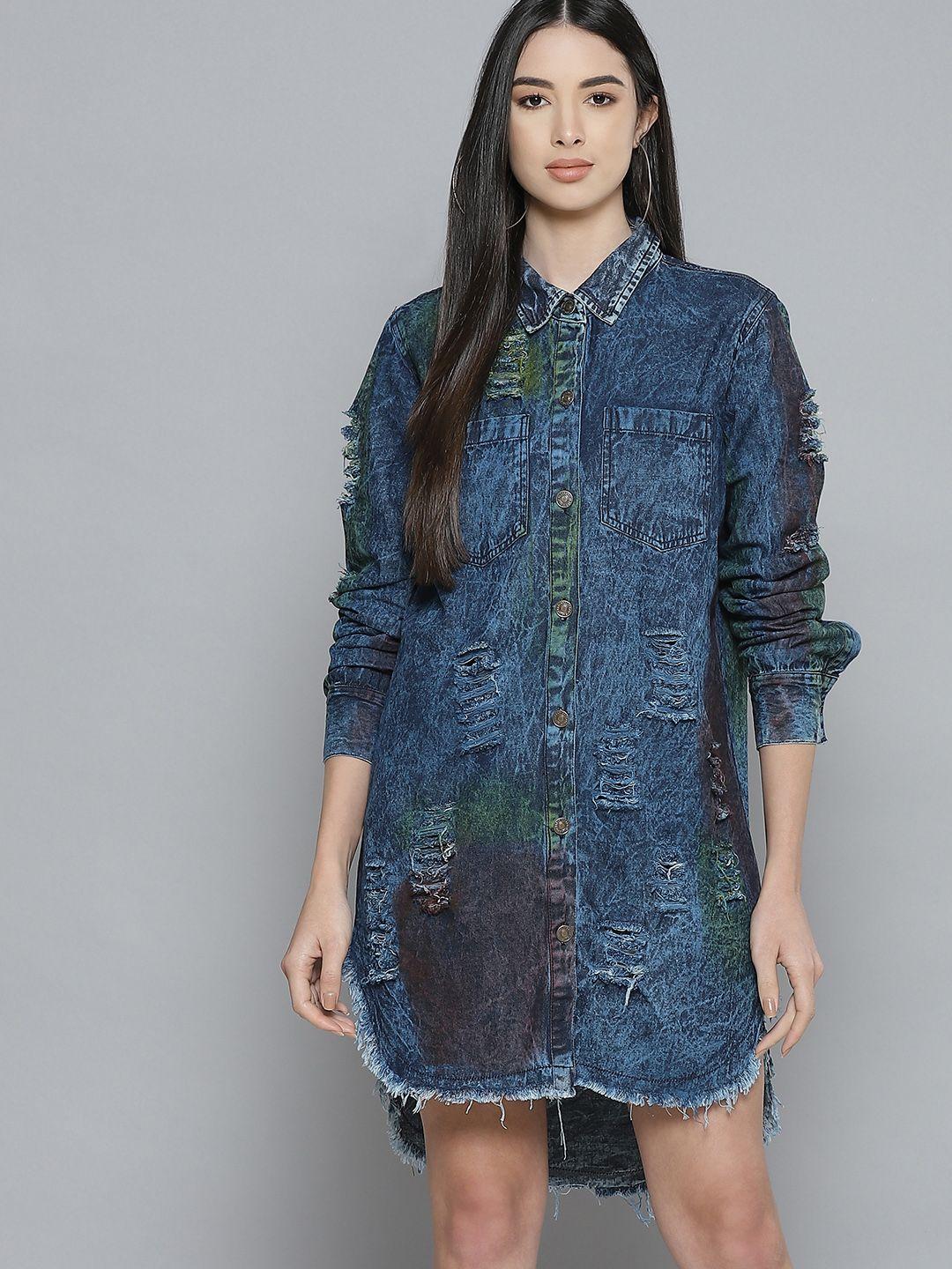 sassafras women navy blue highly distressed denim pure cotton high-low hem shirt dress