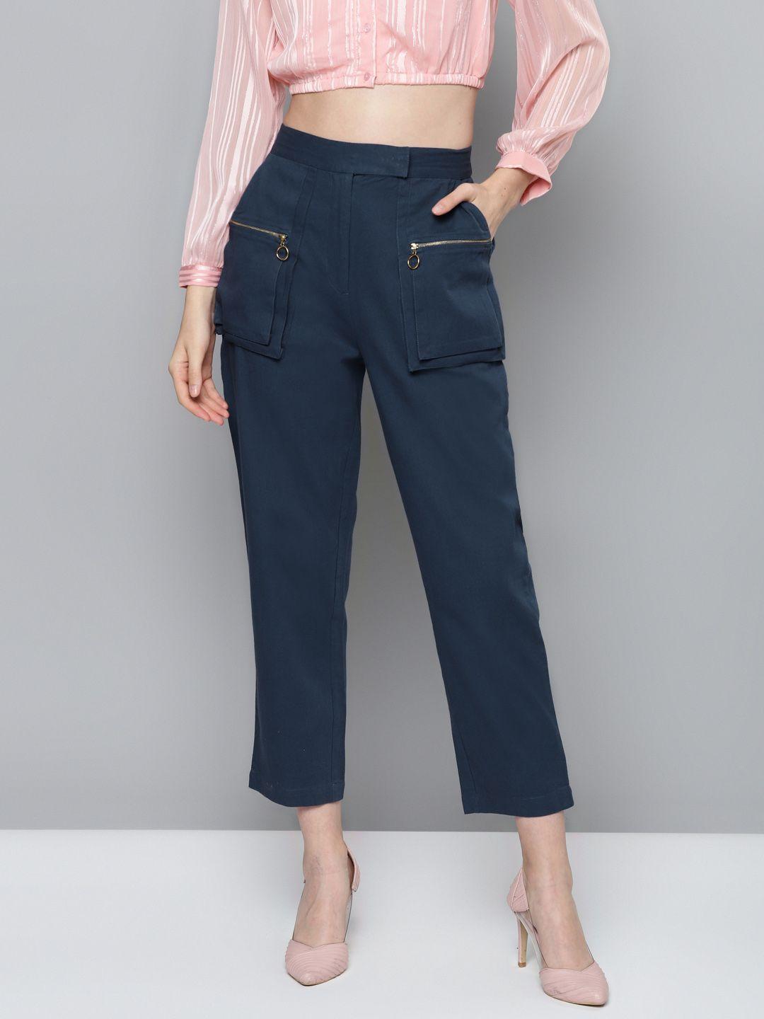 sassafras women navy blue regular fit solid pure cotton crop peg trousers