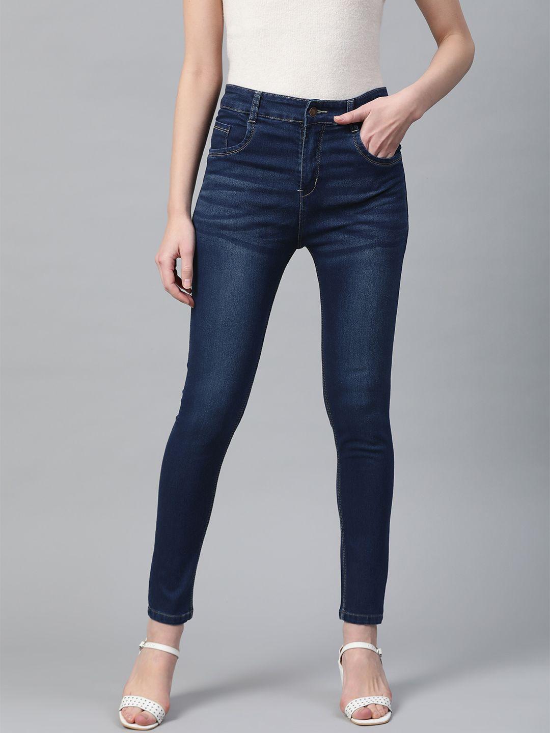 sassafras women navy blue slim fit high-rise clean look stretchable jeans