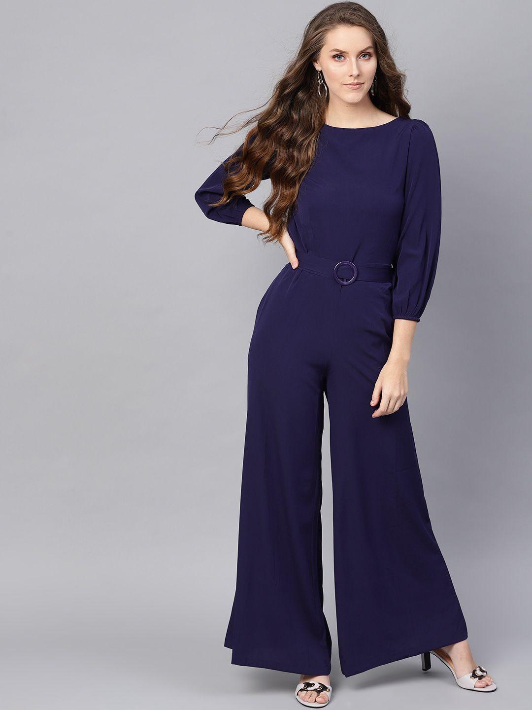 sassafras women navy blue solid basic jumpsuit