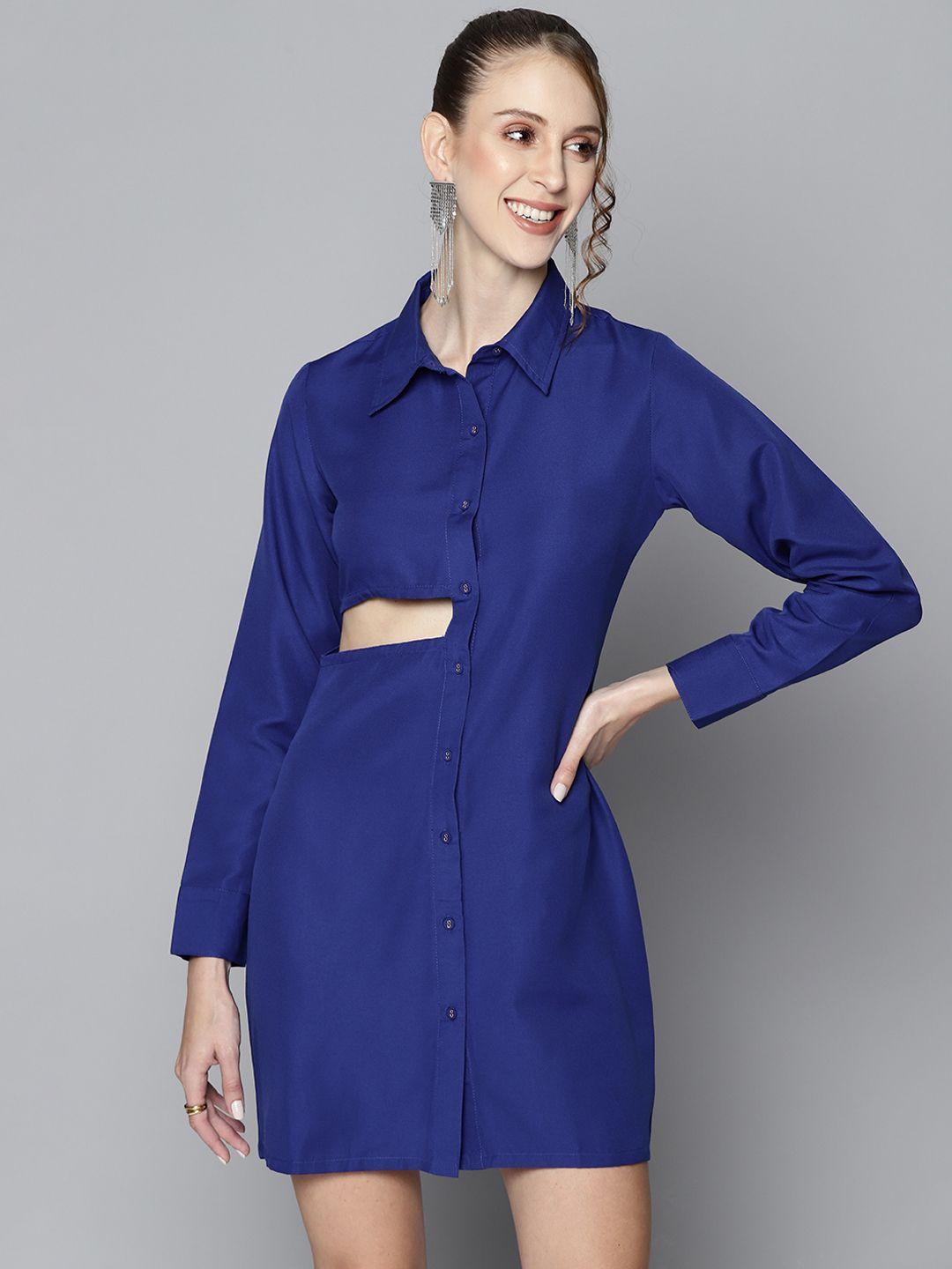 sassafras women navy blue solid shirt dress