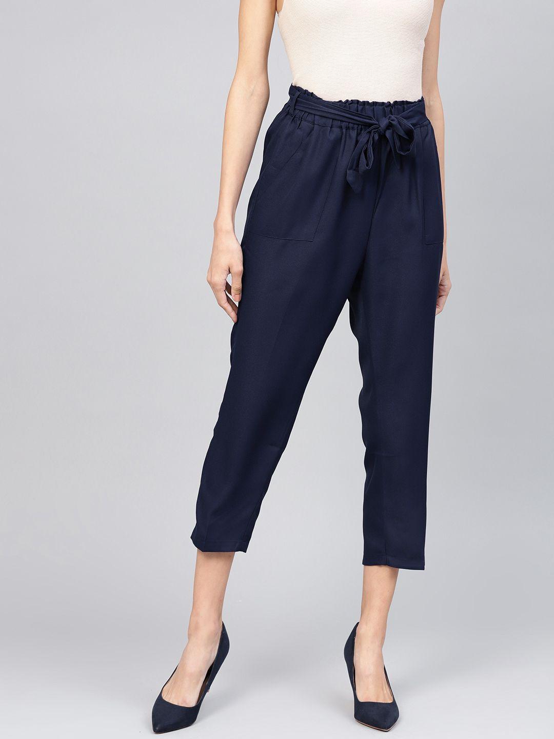 sassafras women navy blue tapered fit solid peg trousers