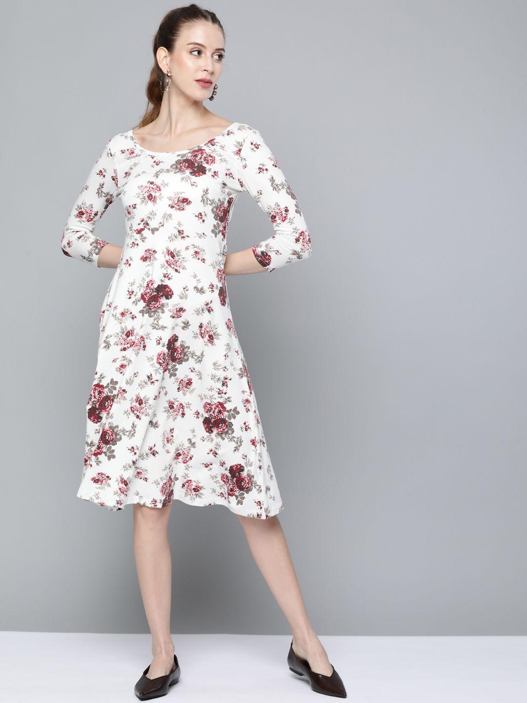 sassafras women off white & maroon floral print a-line dress