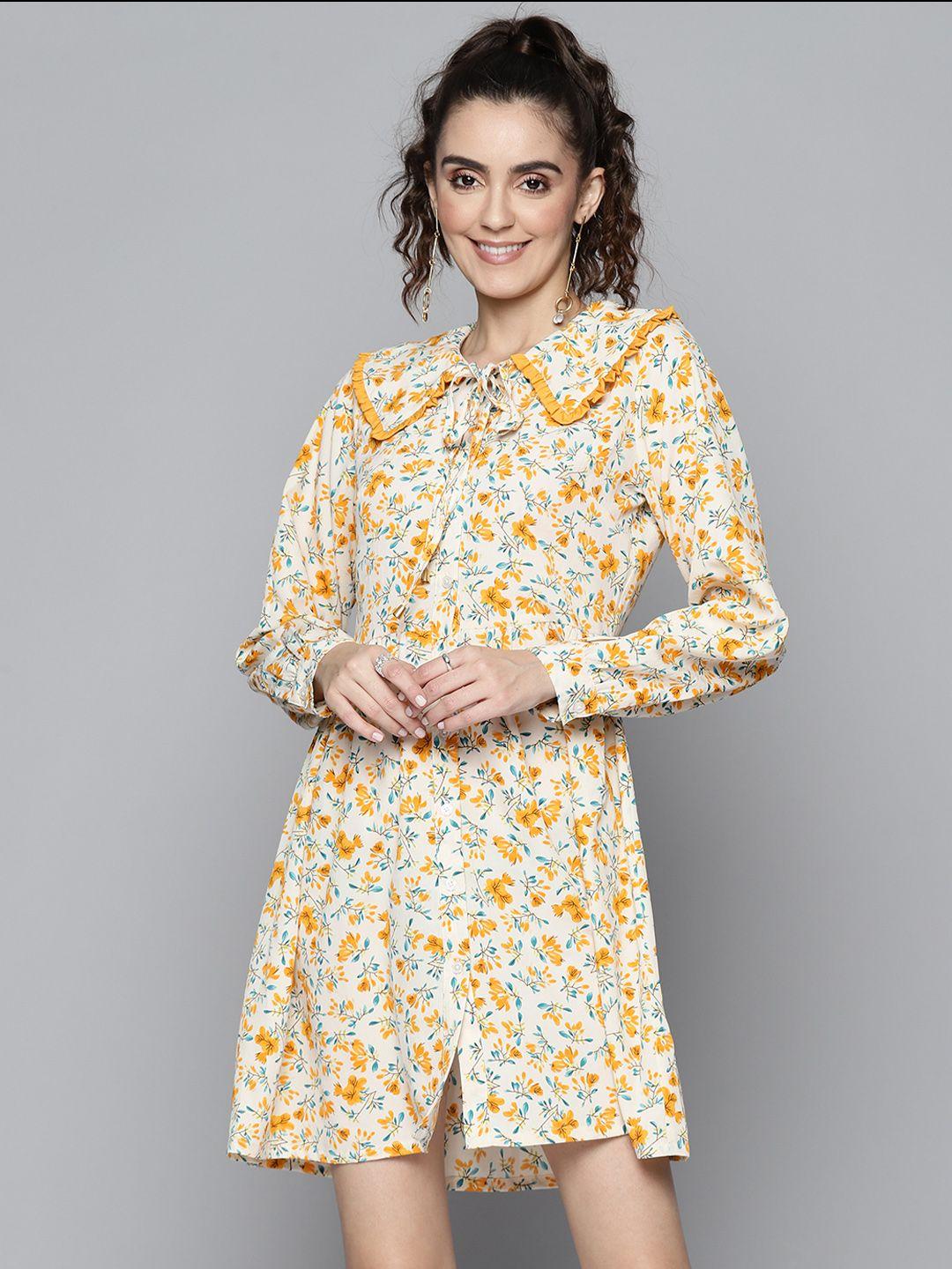 sassafras women off white & mustard yellow floral shirt dress