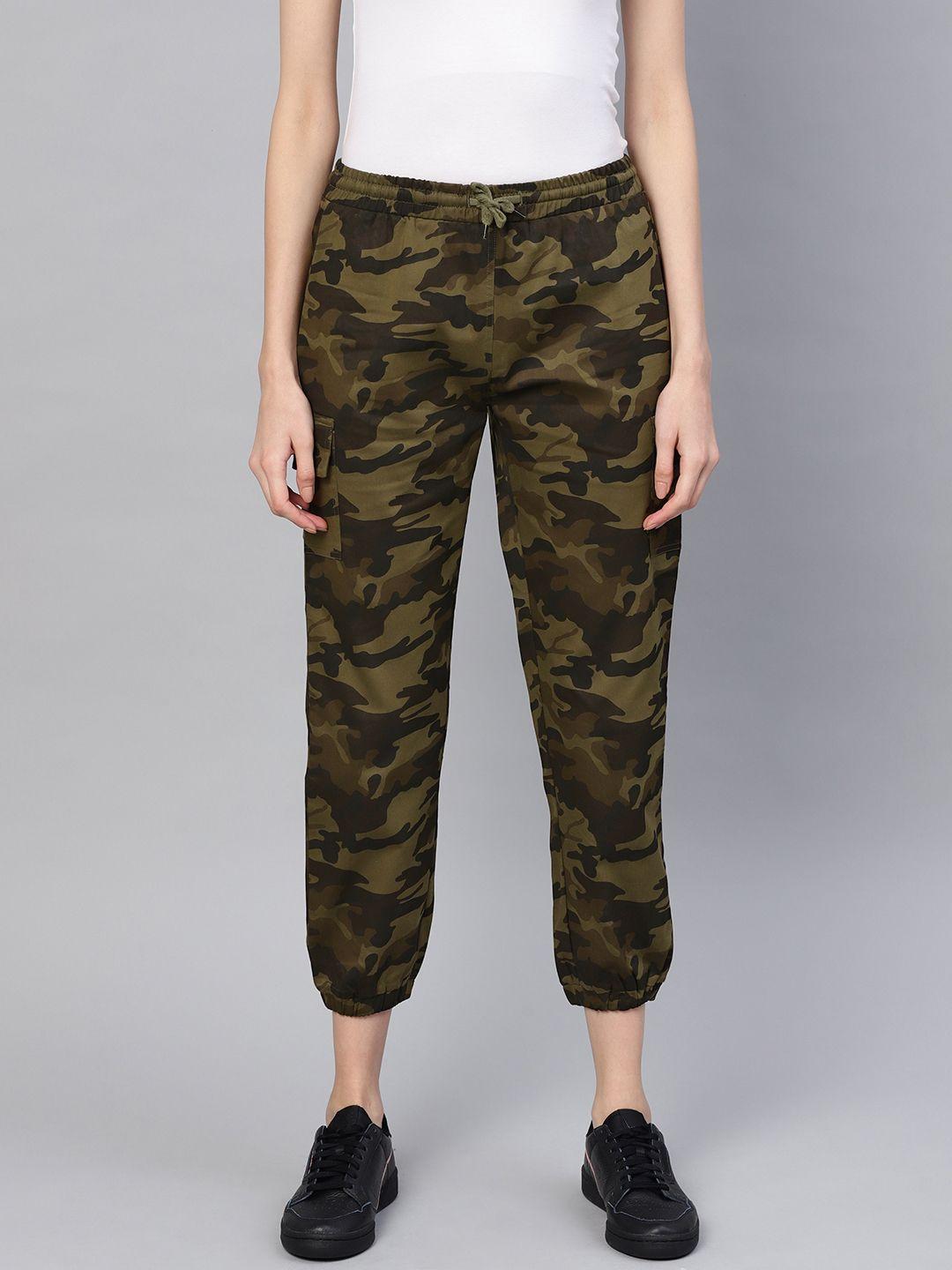 sassafras women olive green & brown printed cropped joggers