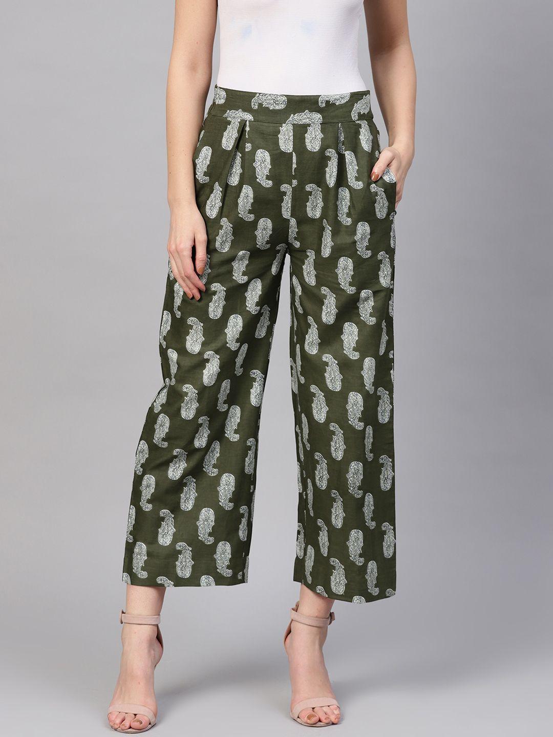 sassafras women olive green & white printed straight cropped palazzos