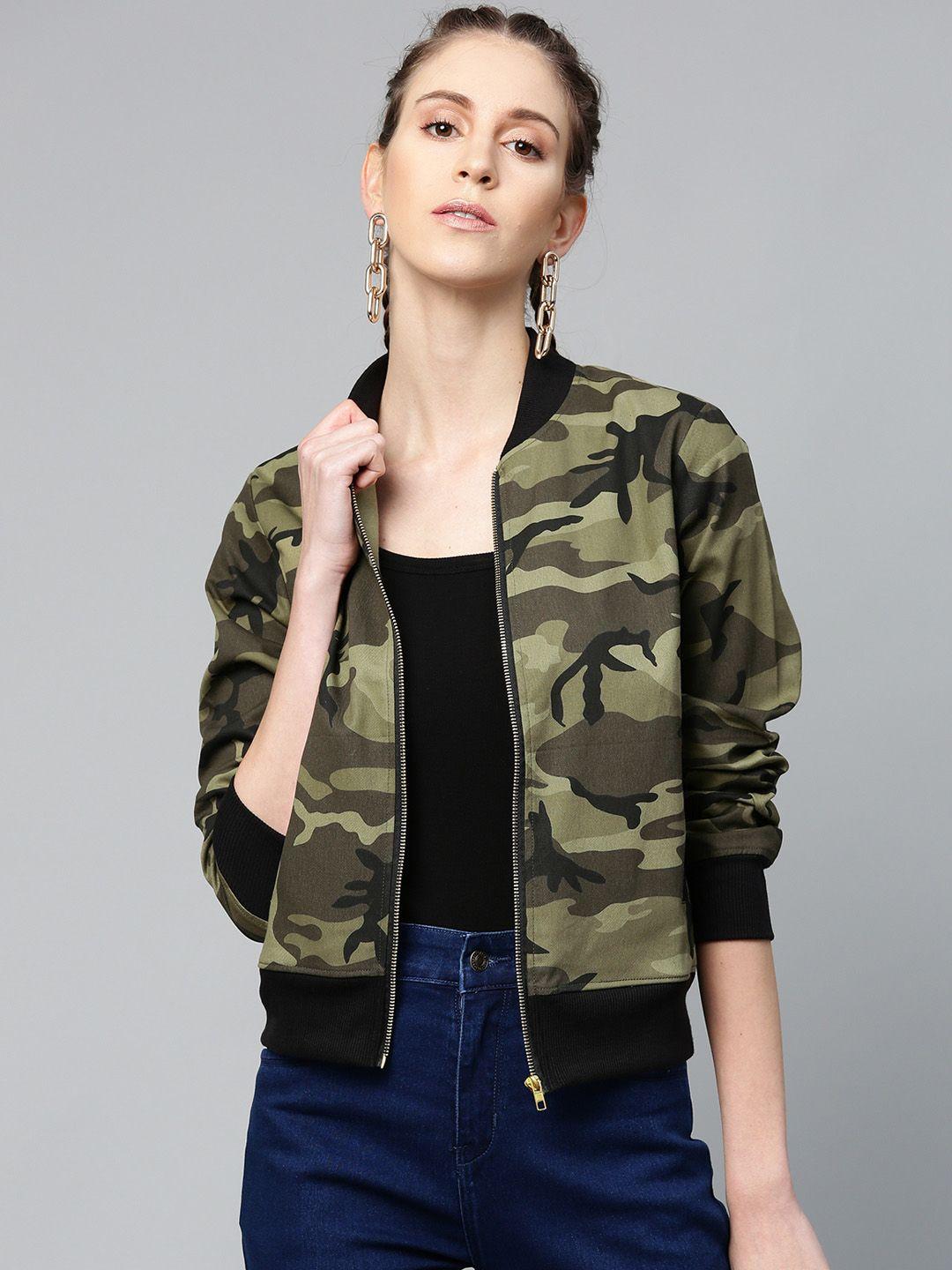 sassafras women olive green camouflage print bomber jacket