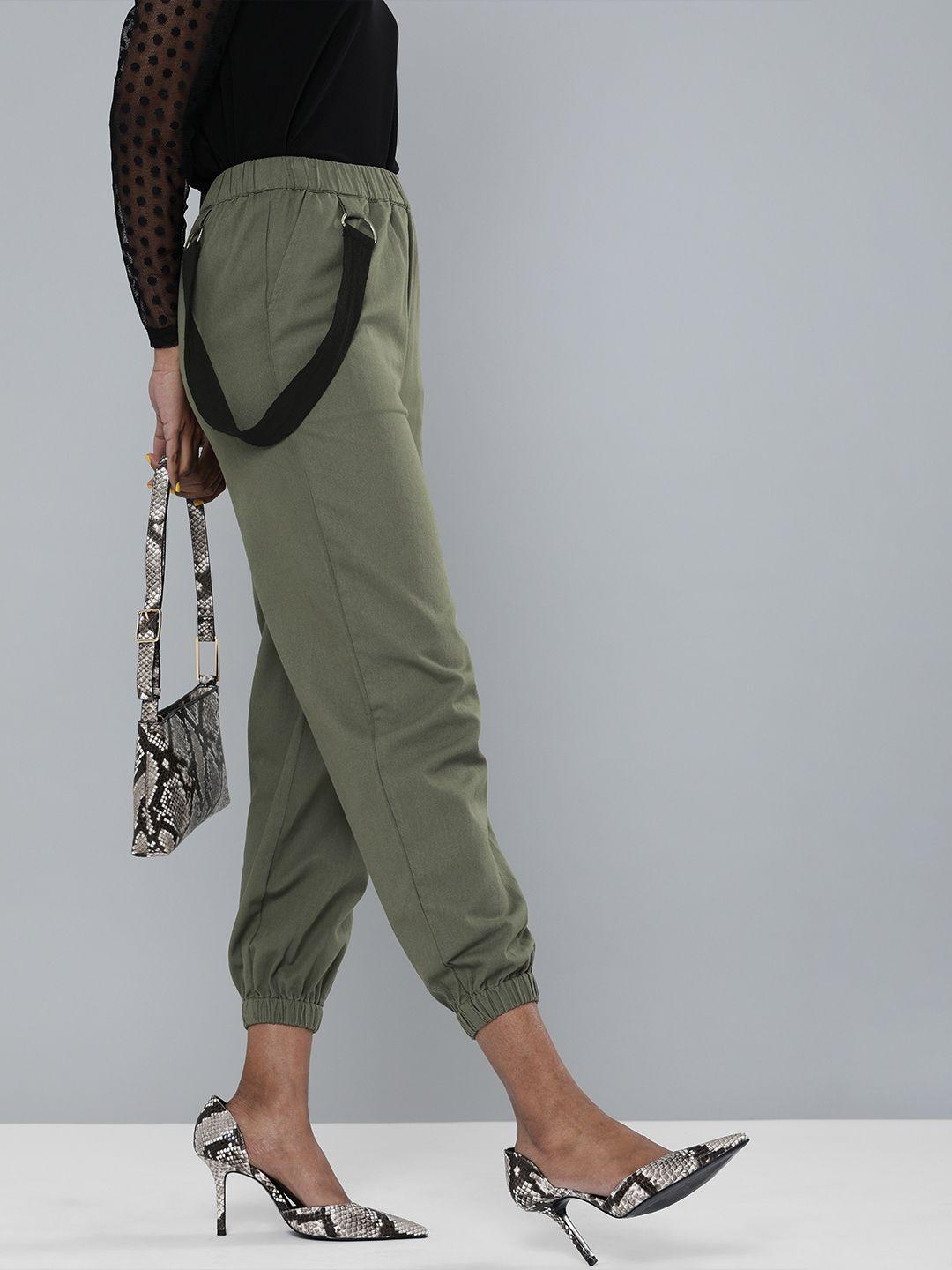 sassafras women olive green pure cotton regular fit solid cropped joggers