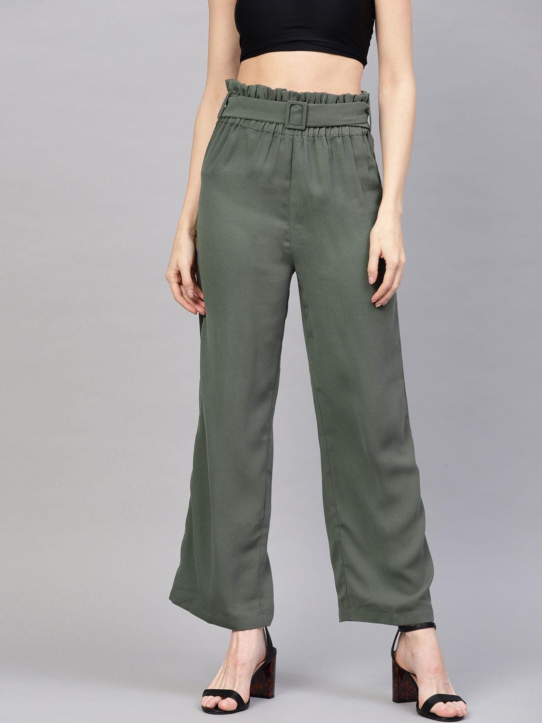 sassafras women olive green regular  fit solid parallel trousers
