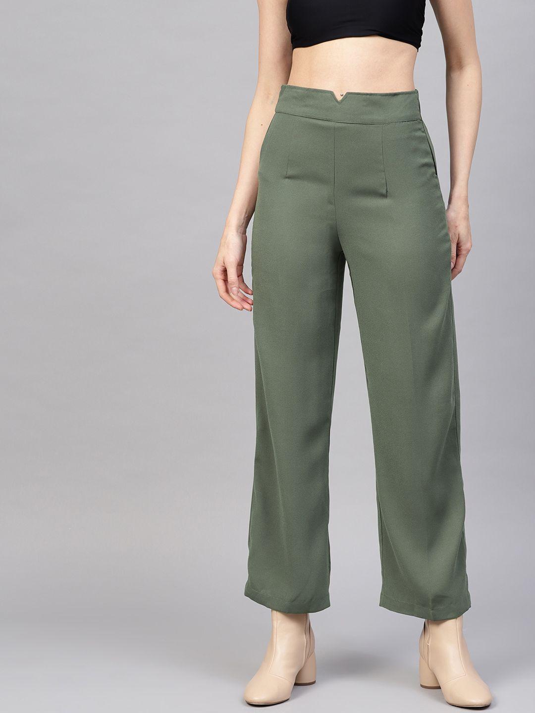 sassafras women olive green regular fit solid  trousers