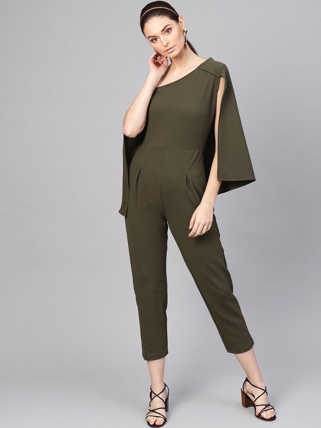 sassafras women olive green solid culotte jumpsuit