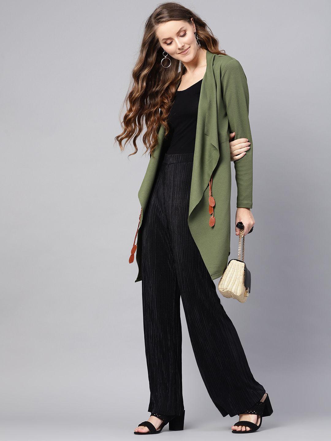 sassafras women olive green solid longline waterfall shrug with tie-up