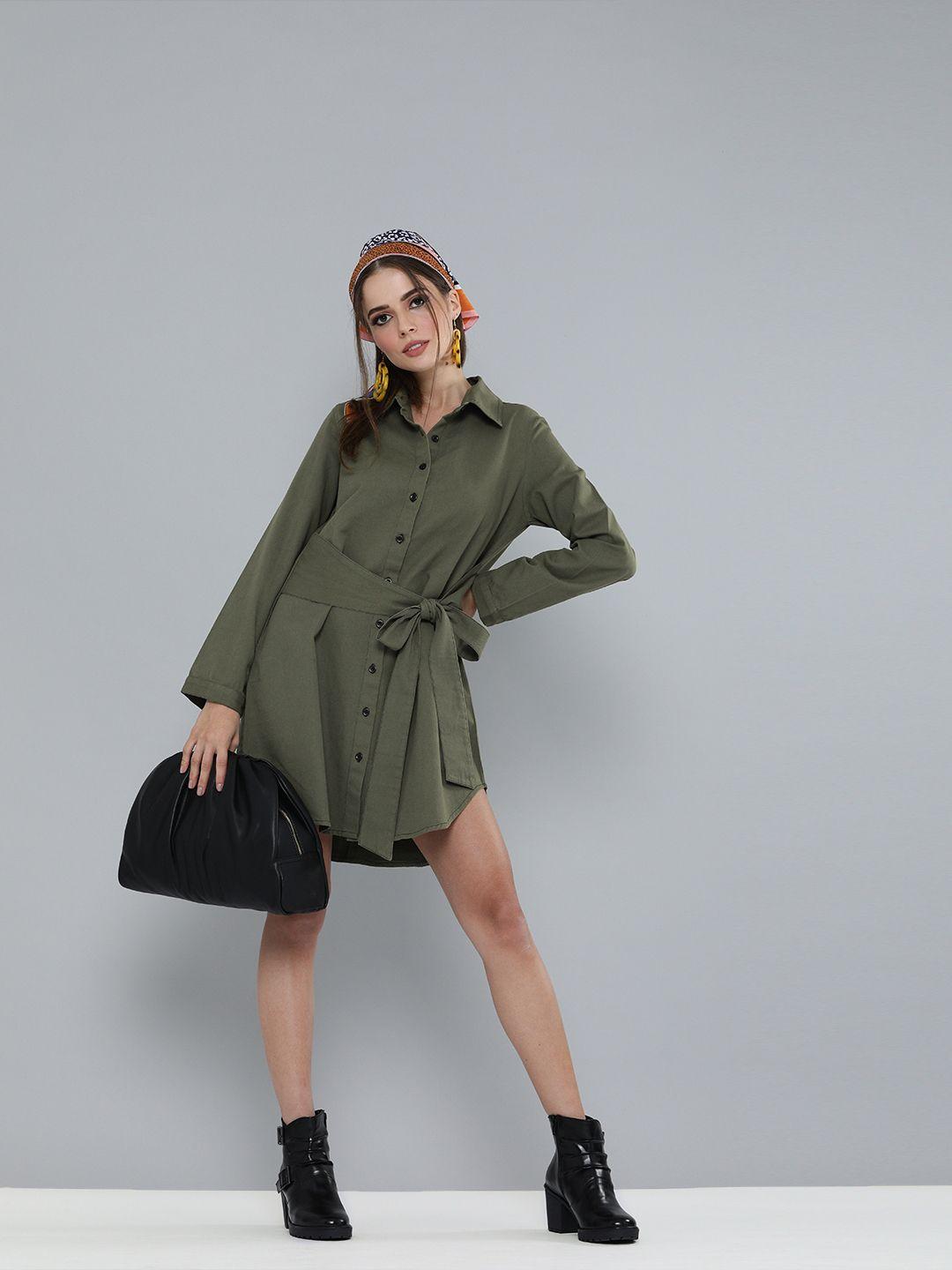 sassafras women olive green solid shirt dress with waist tie-up detail