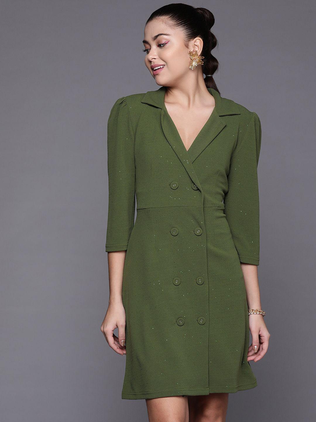 sassafras women olive green solid shirt dress