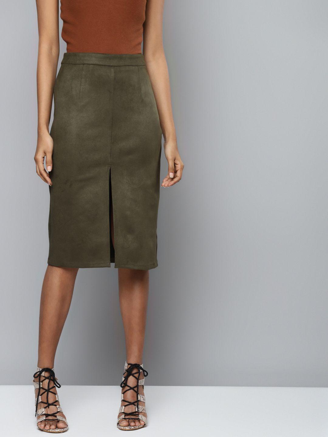 sassafras women olive green suede pencil skirt